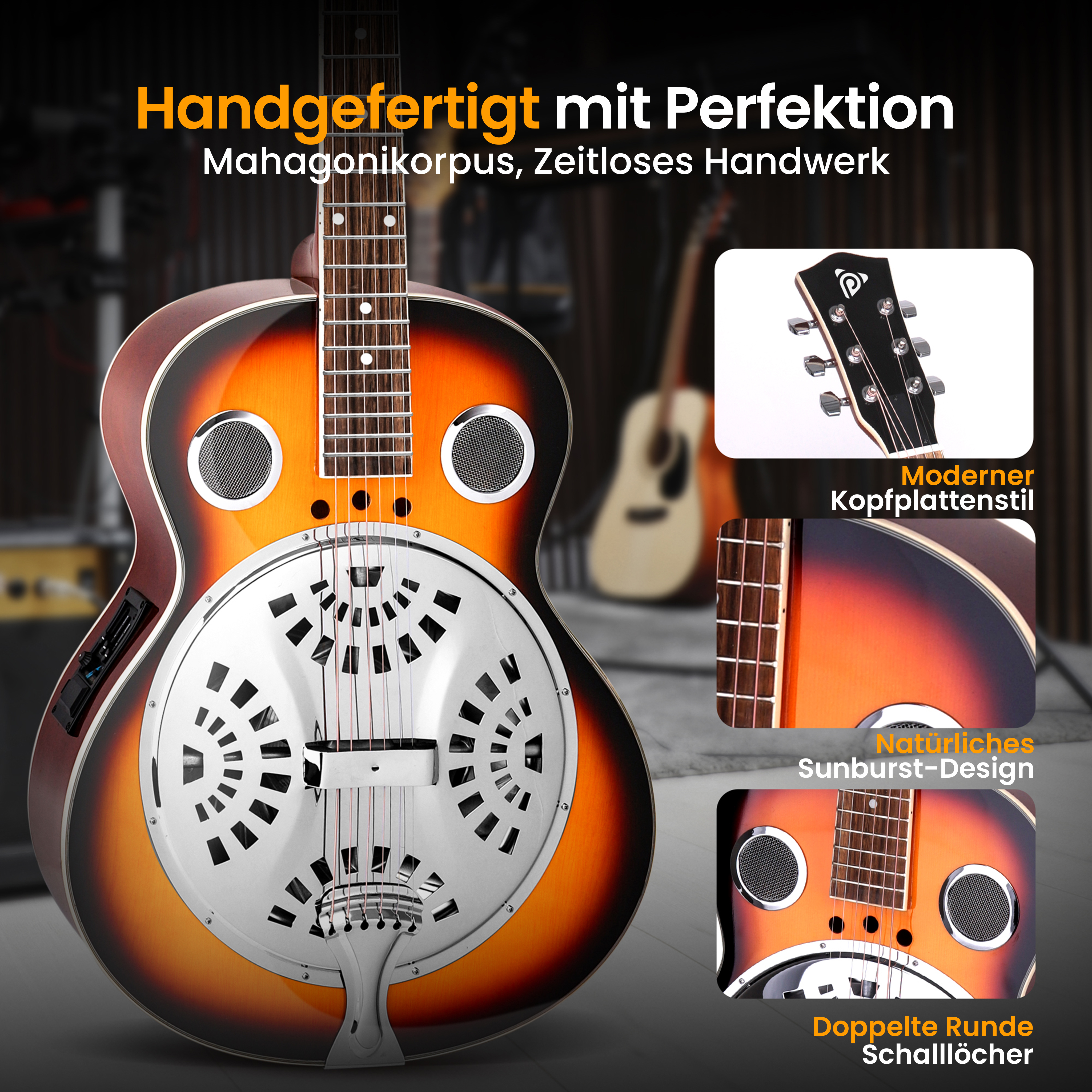 Resonatorgitarre mit Sunburst-Finish, zwei runden Schalllöchern und Metallresonator.