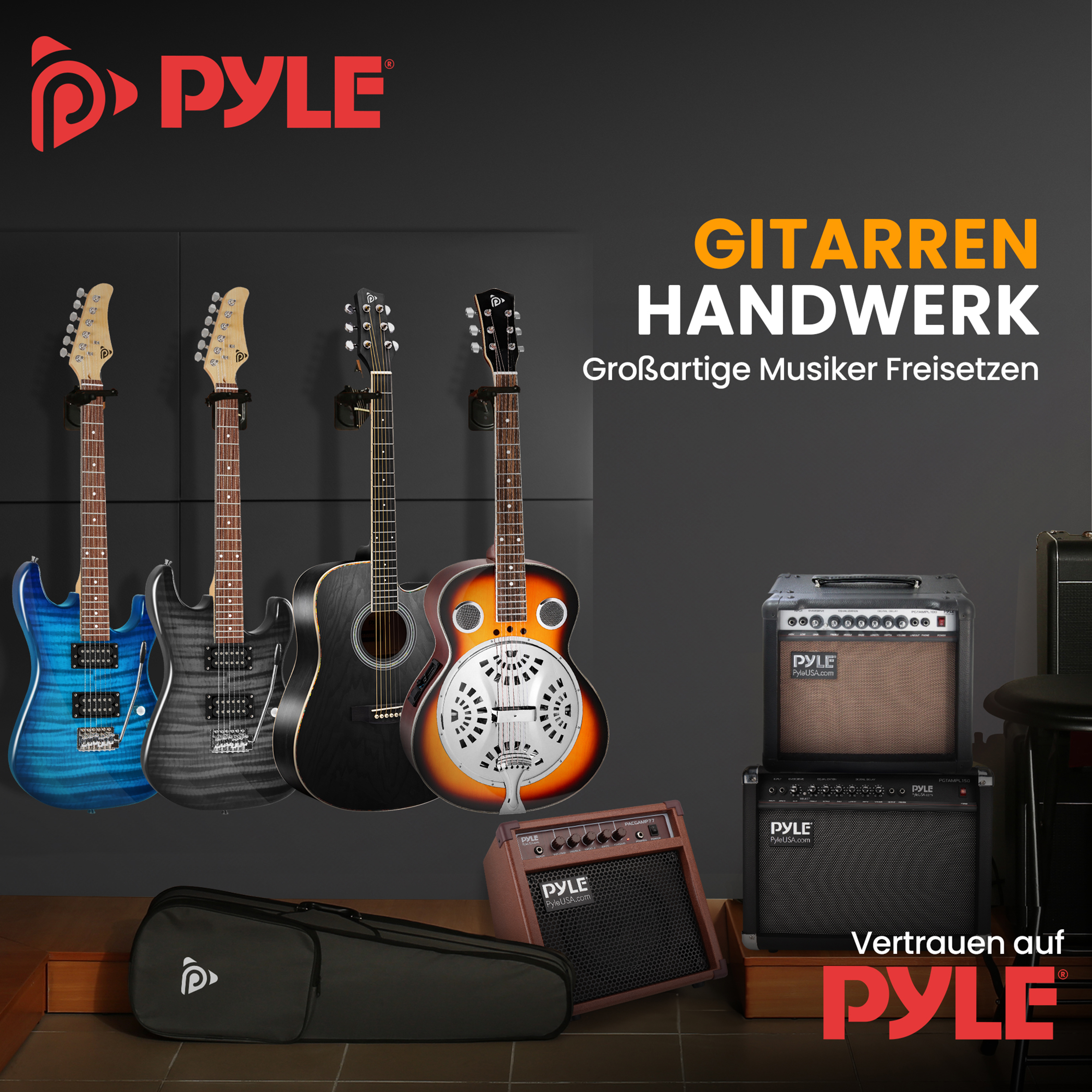 Vier Gitarren und zwei Verstärker von Pyle auf dunklem Hintergrund.