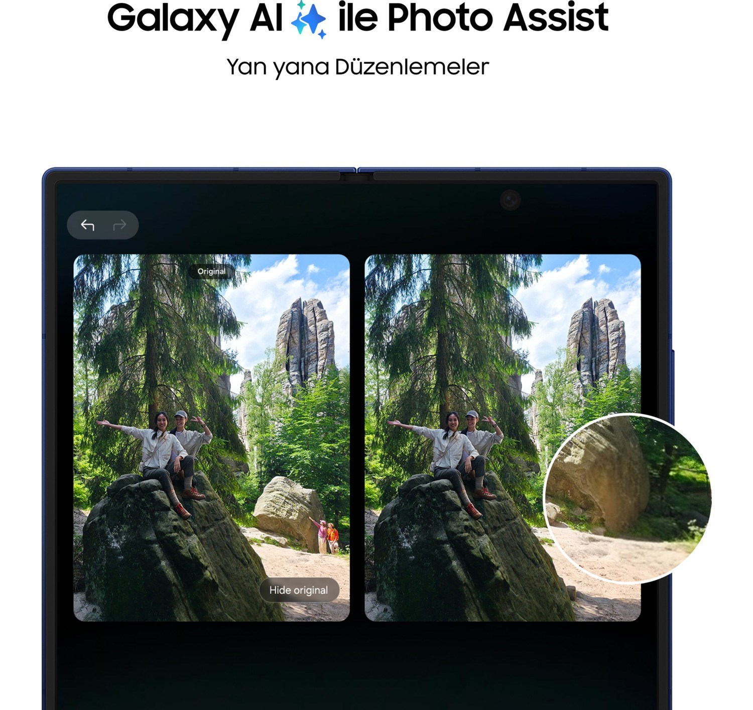 Bir tablette yan yana iki fotoğraf: bir erkek ve bir kadın ormanda bir kayanın üzerinde oturuyor.