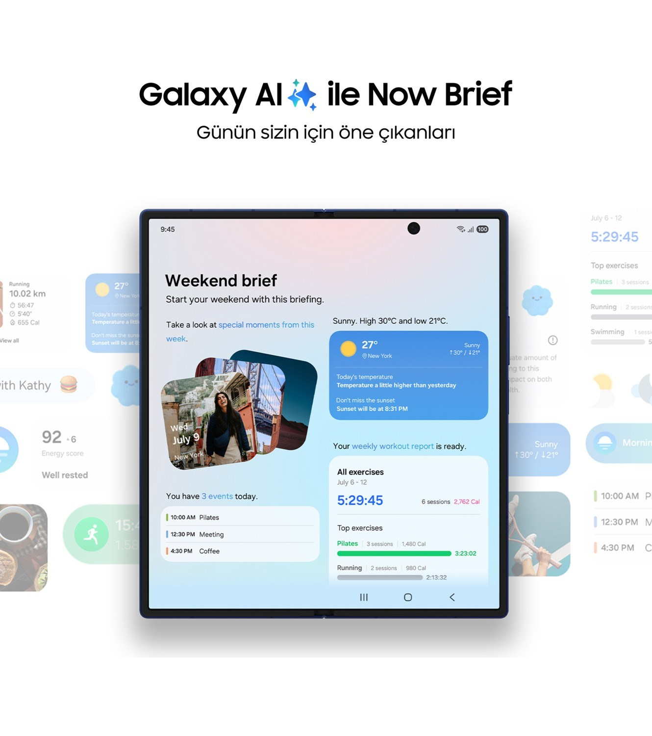 Bir tablet, hafta sonu özetini ve antrenman özetlerini gösteren 'Galaxy AI' uygulamasını görüntüler.