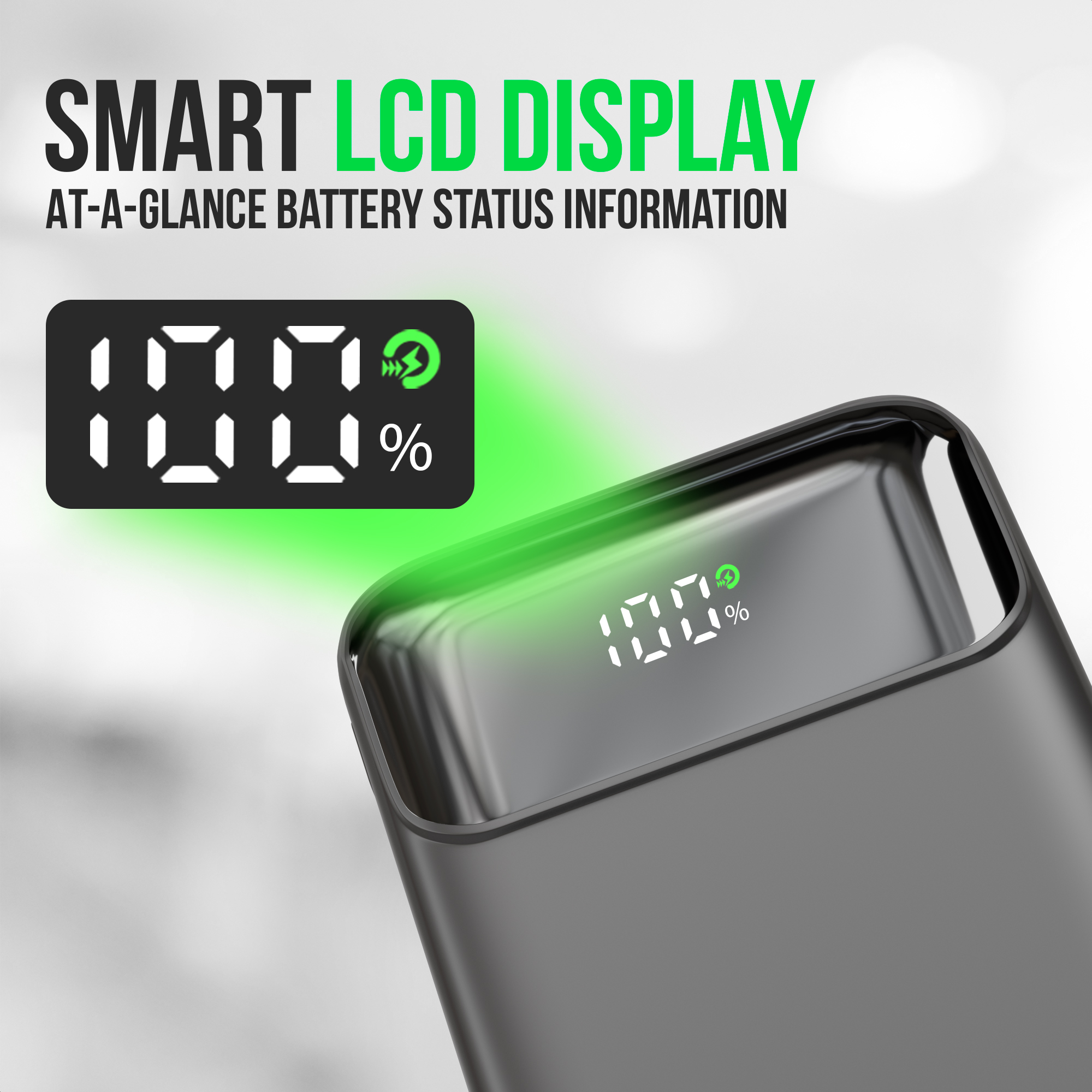 Ein schwarzes Gerät zeigt eine digitale 100% Batterieladung auf einem spiegelnden Display.