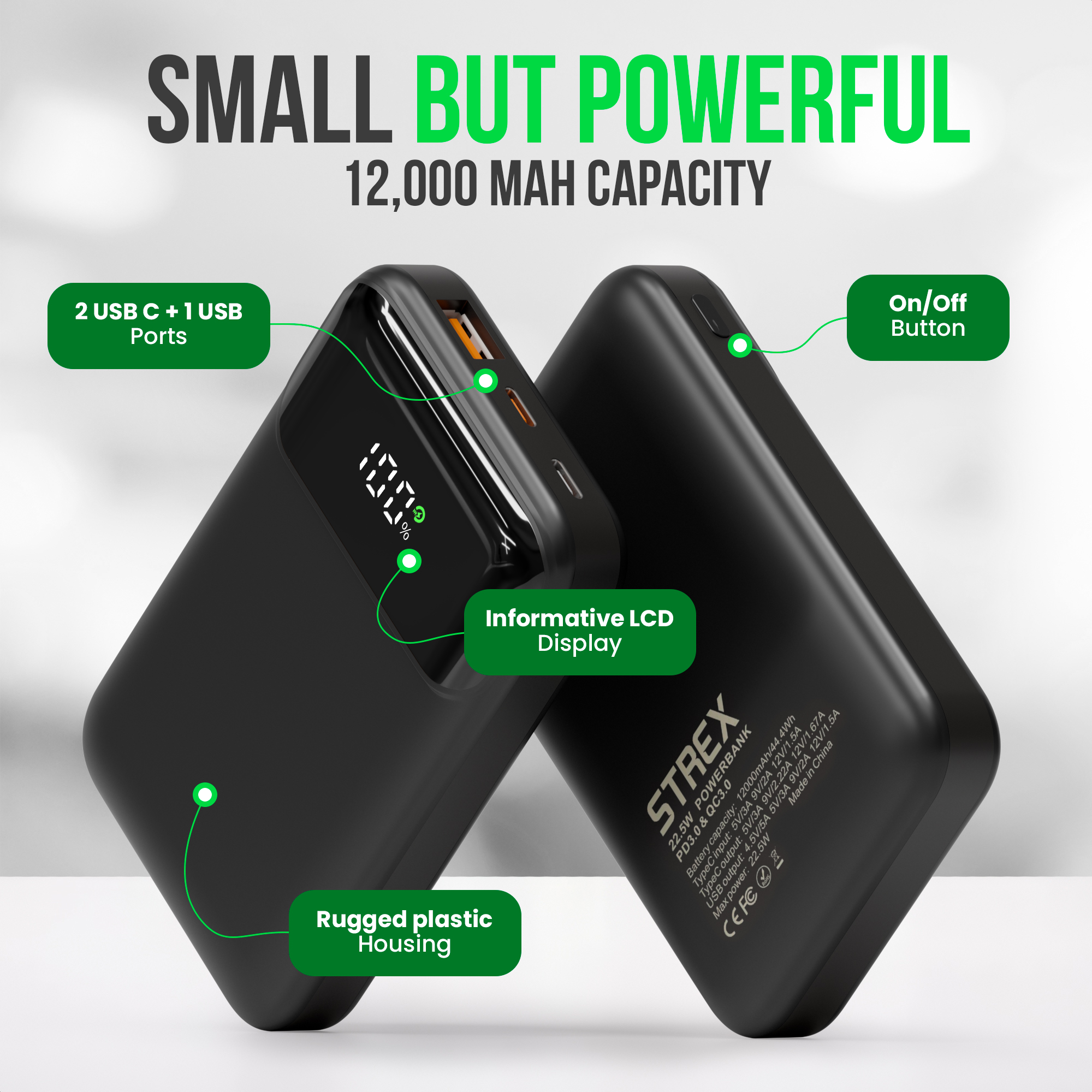 Schwarzes Powerbank mit 12000 mAh, LCD-Display, 3 Anschlüssen und Tasten.