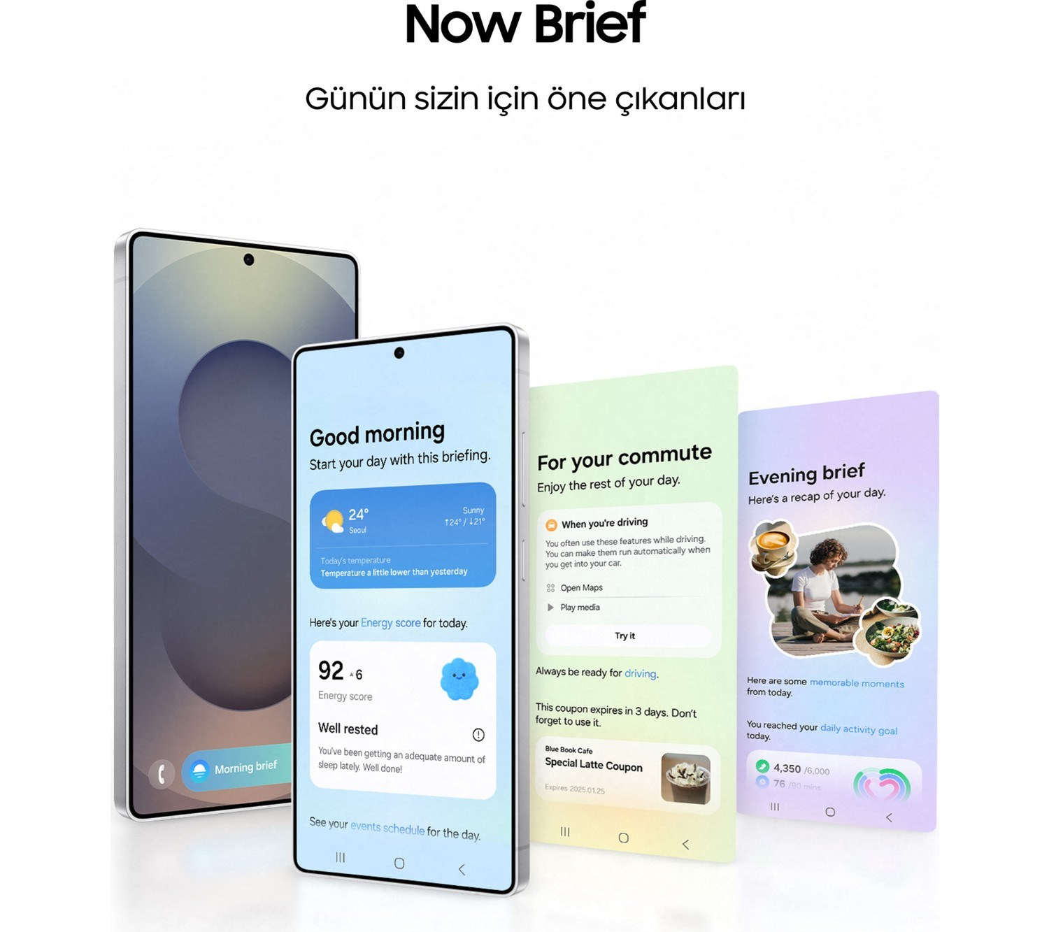 Üç telefon hava durumu, enerji puanı ve hatırlatıcılar içeren bir "Now Brief" uygulaması gösteriyor.