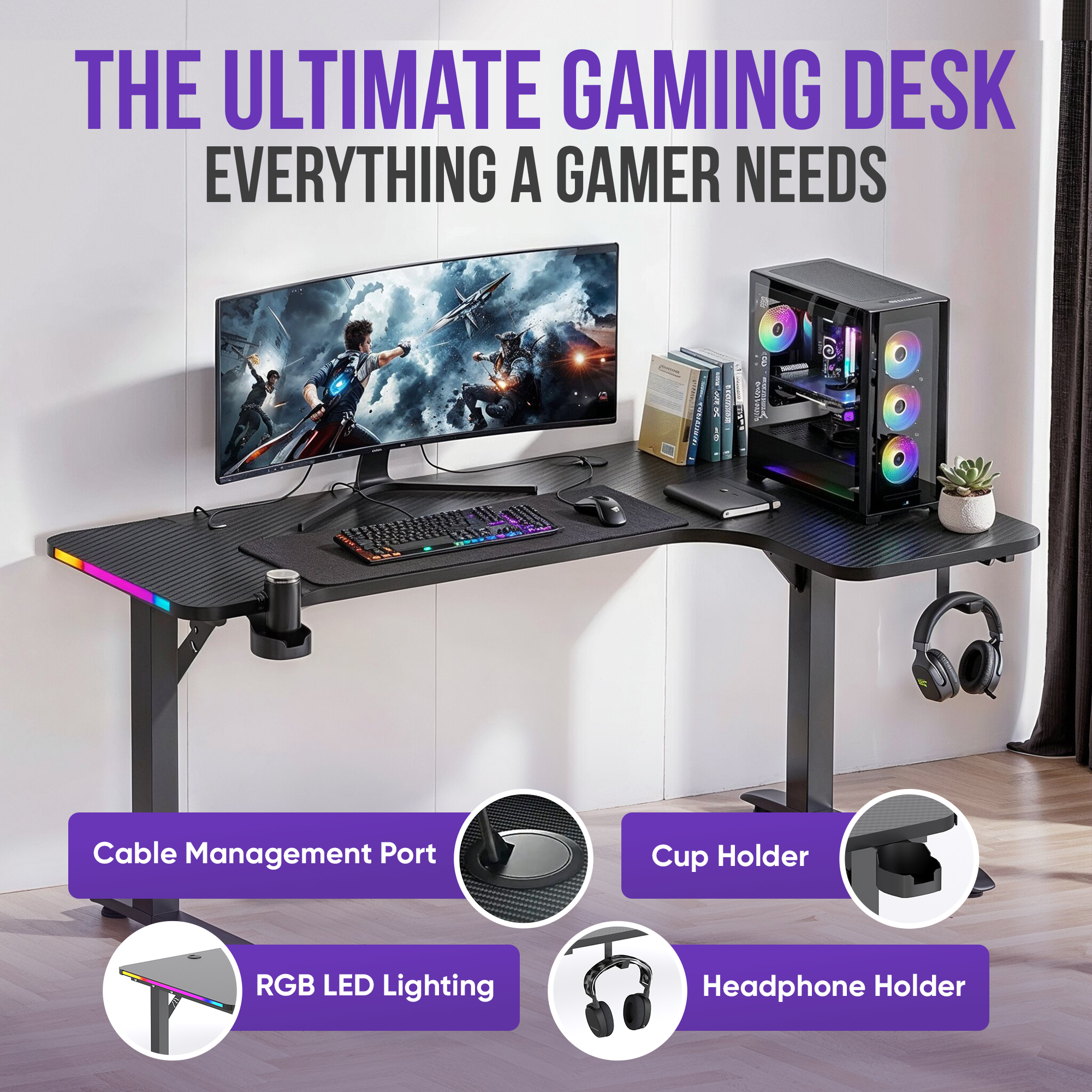 Ein Gaming-Schreibtisch mit PC, Monitor, Tastatur, Maus und Kopfhörerhalter.
