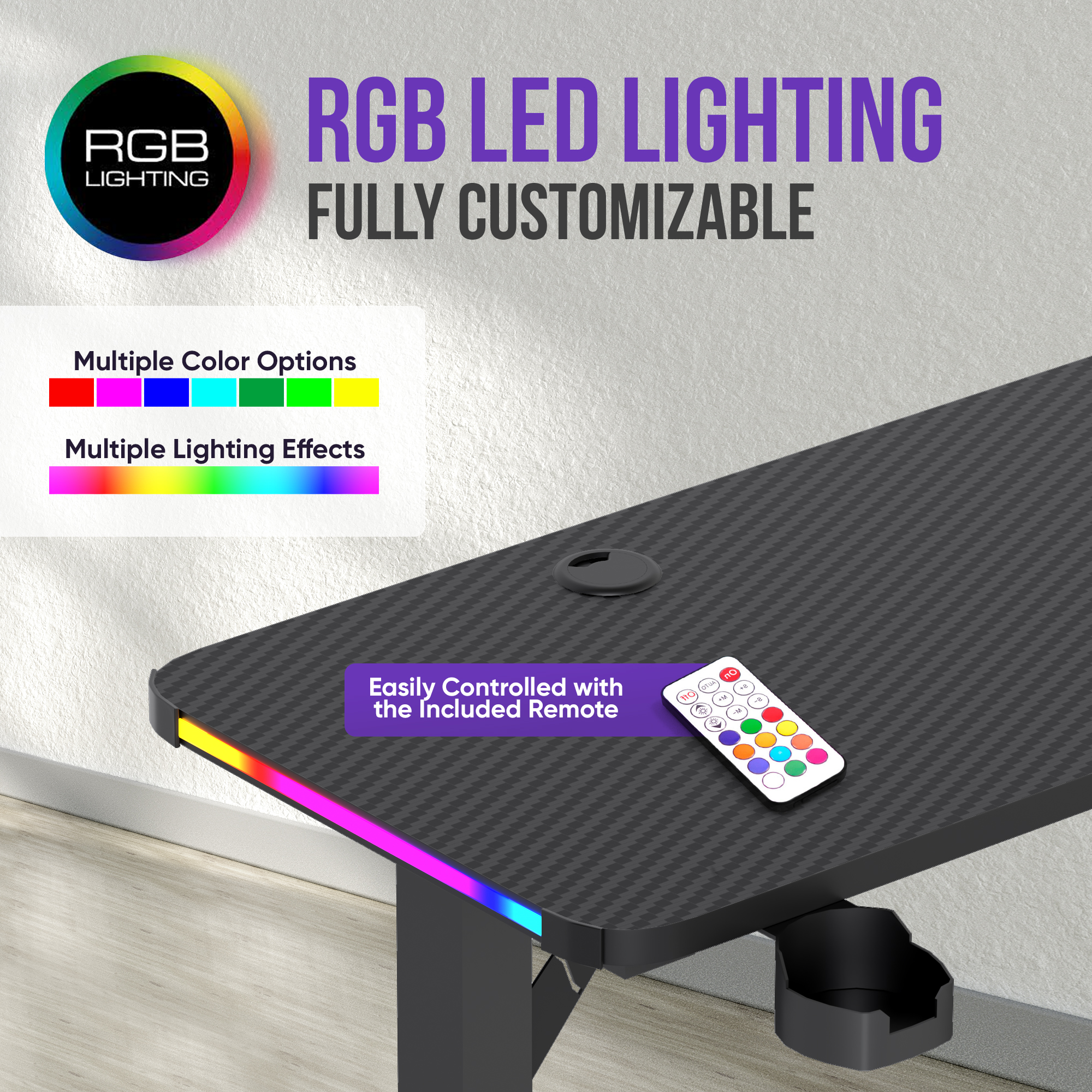 Ein Schreibtisch mit RGB-LED-Beleuchtung, Fernbedienung und Becherhalter.