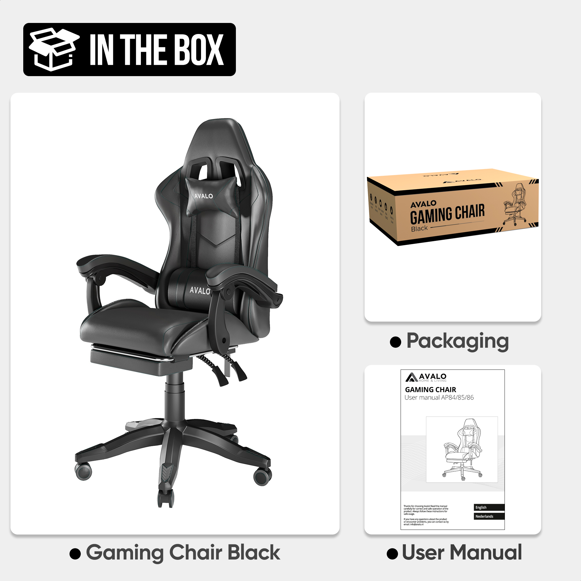 Black gaming chair with box and user manual.