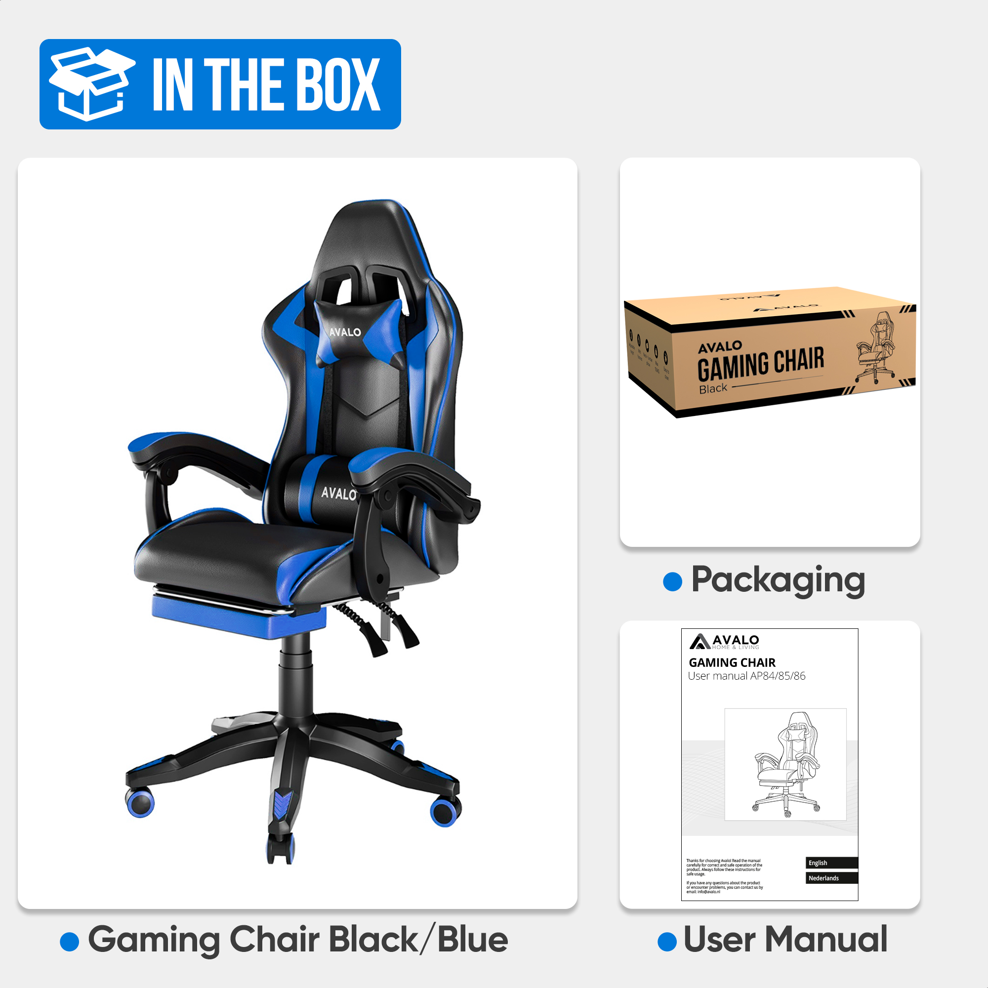 Schwarzer/blauer Gaming-Stuhl mit Verpackung und Handbuch.