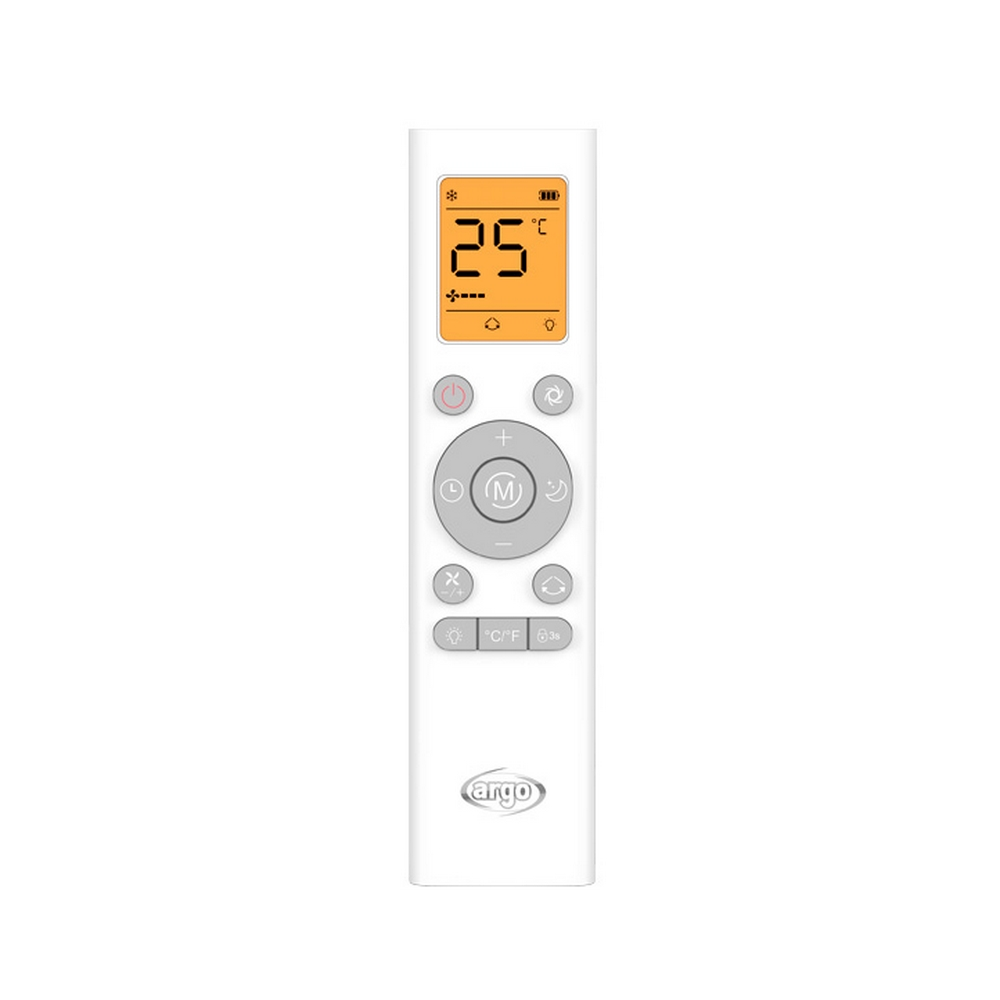 Telecomando bianco con display arancione che mostra 25C. Pulsanti per accensione, ventola, modalità, timer e regolazione temperatura.