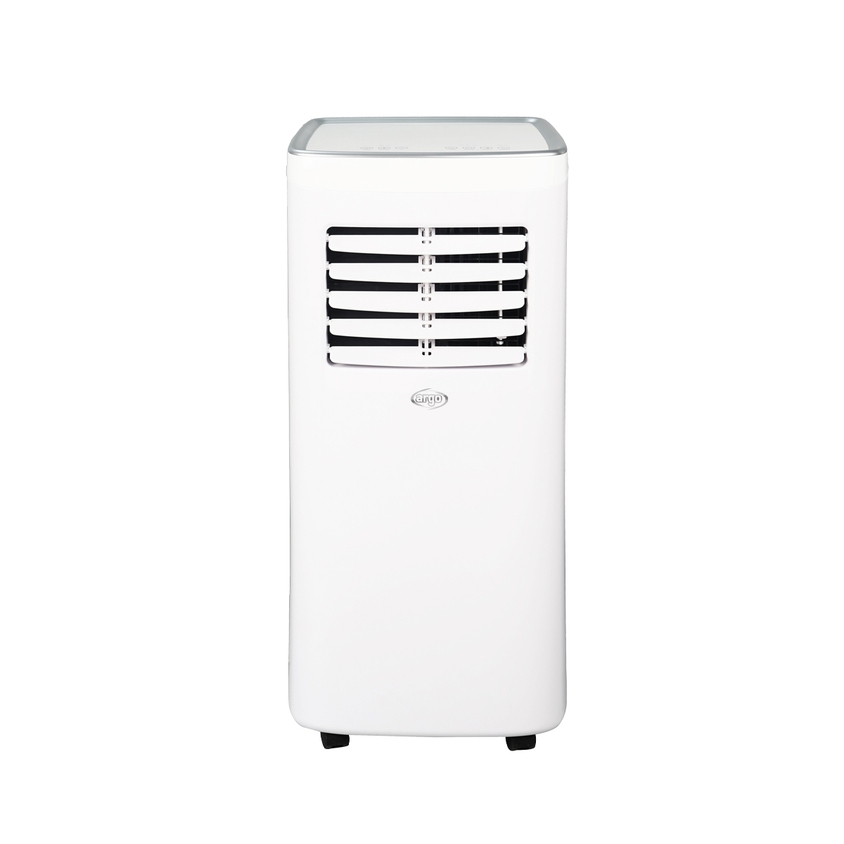 Un ventilatore di condizionatore portatile, bianco e sottile, con prese d'aria e pulsanti.