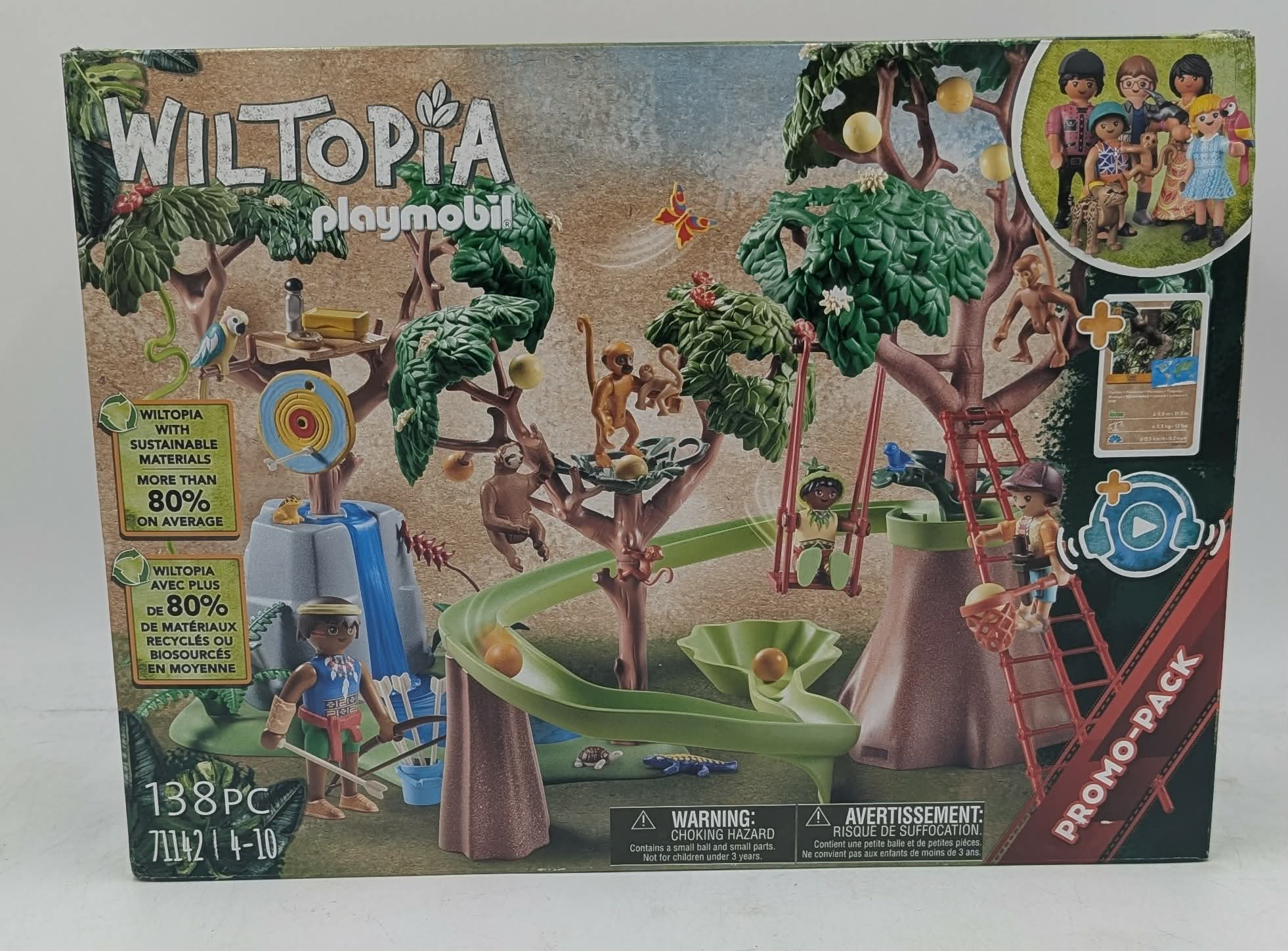 Playmobil Wiltopia Spielzeugverpackung mit Figuren, Affen und Baumhaus-Spielset.