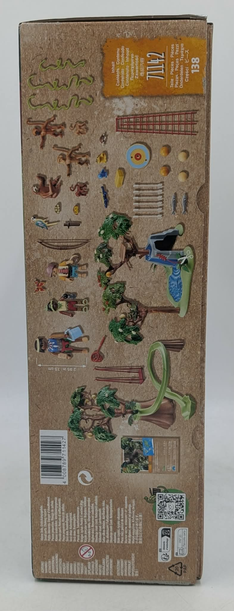 Spielzeugbox mit Dschungel-Motiv, Figuren, Bäumen und Zubehör.