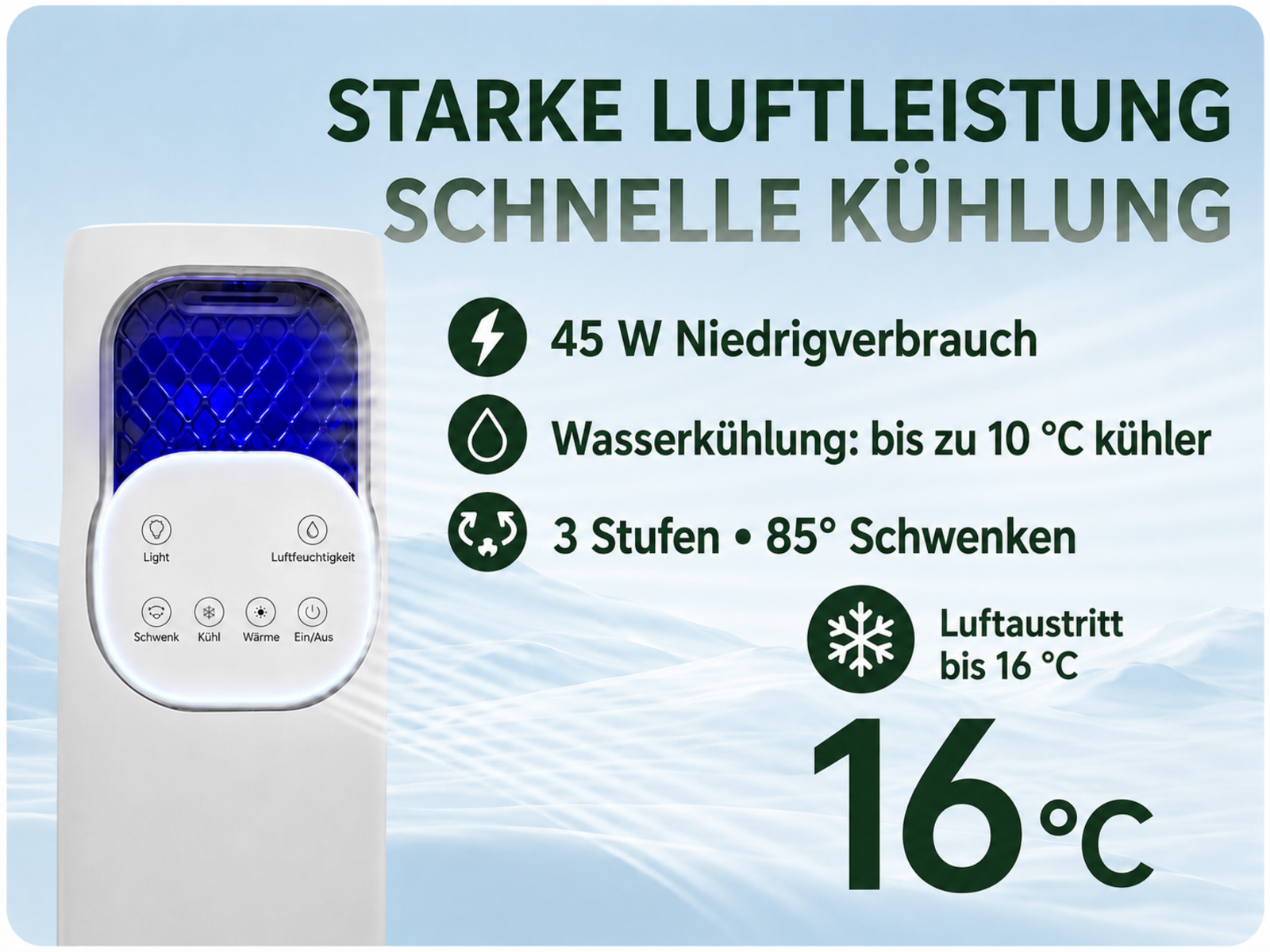 Ein weißer Luftkühler mit blauen Akzenten und Bedienelementen. Merkmale: 45W, Wasserkühlung, 3 Stufen.