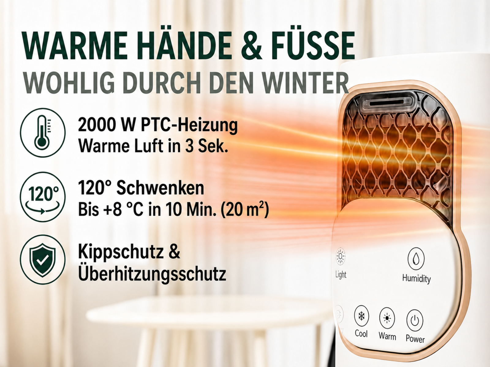 Heizlüfter mit 2000W, 120° Schwenkfunktion und Sicherheitsmerkmalen.