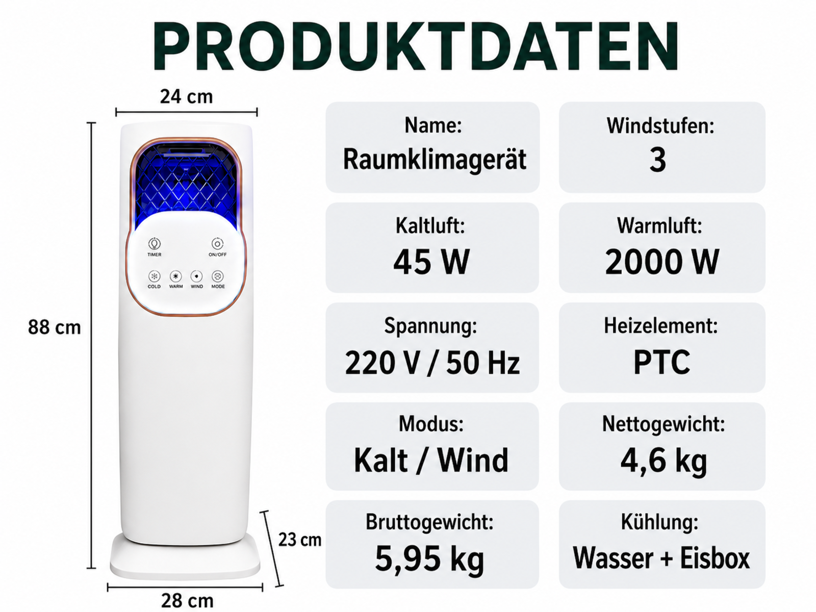 Ein weißer Turm-Luftkühler mit blauer Lüftung und Bedienelementen.