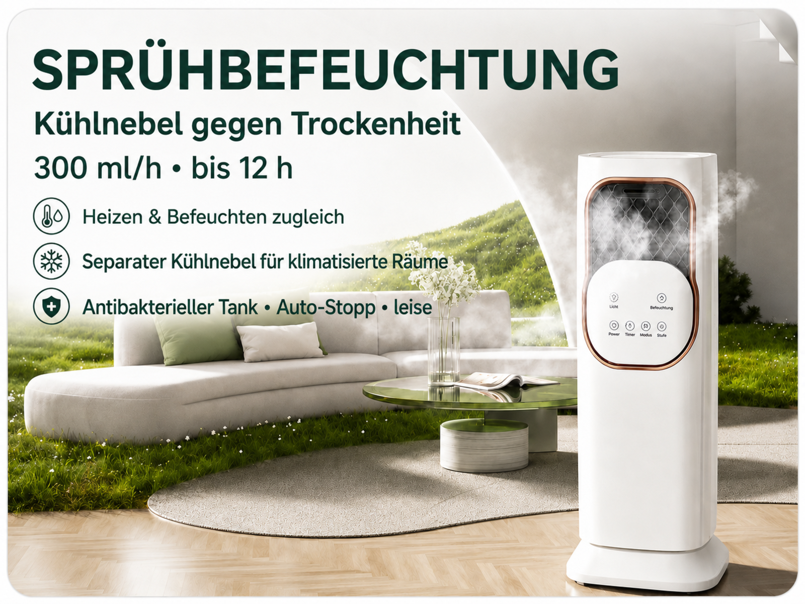 Ein weißer Luftbefeuchter sprüht Nebel in einem modernen Wohnzimmer mit Sofa und Tisch.