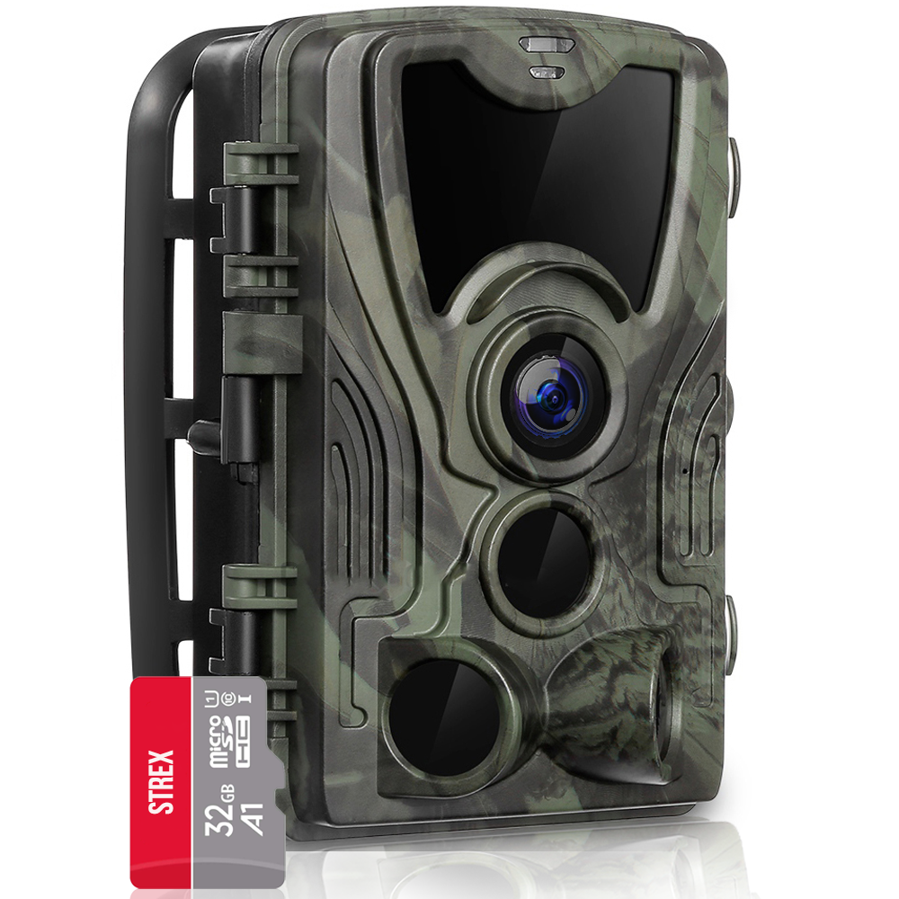 Gemicamoufleerde wildcamera met SD-kaart, op witte achtergrond.