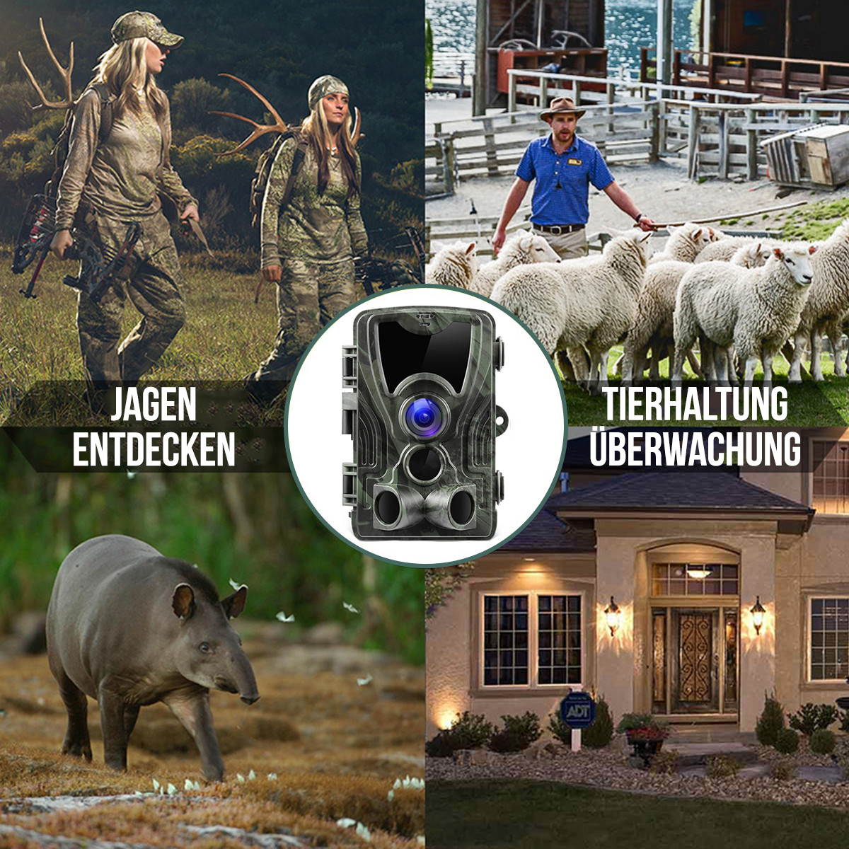Vier scènes: Jagen, veeteelt, wildcamera, huisbeveiliging.