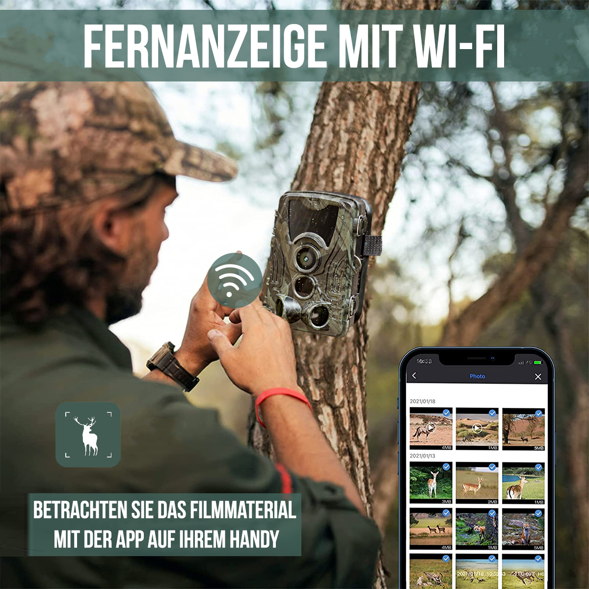 Een man stelt een wildcamera in die via wifi is verbonden met een app.