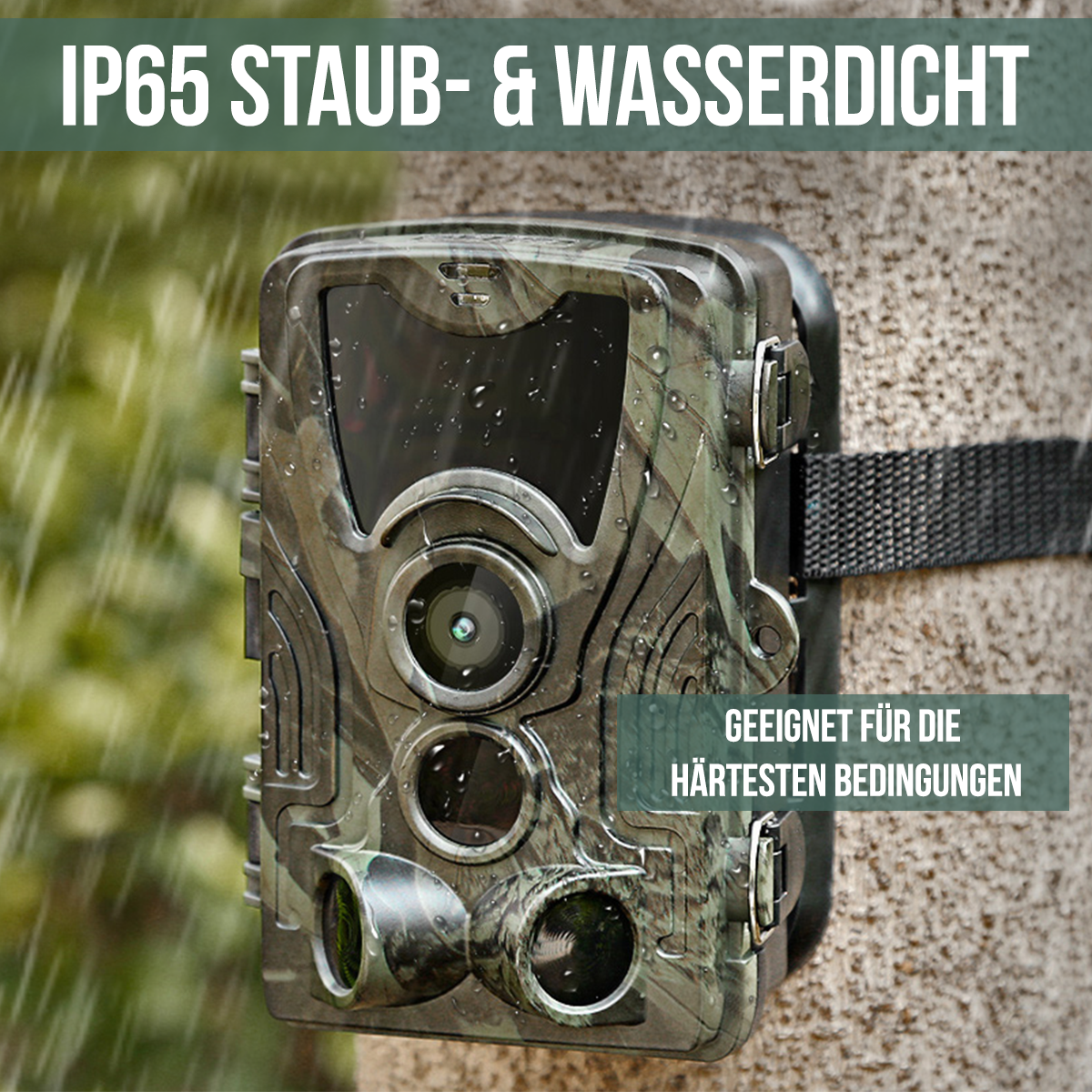 Een camouflage wildcamera is aan een boom bevestigd. Het regent.