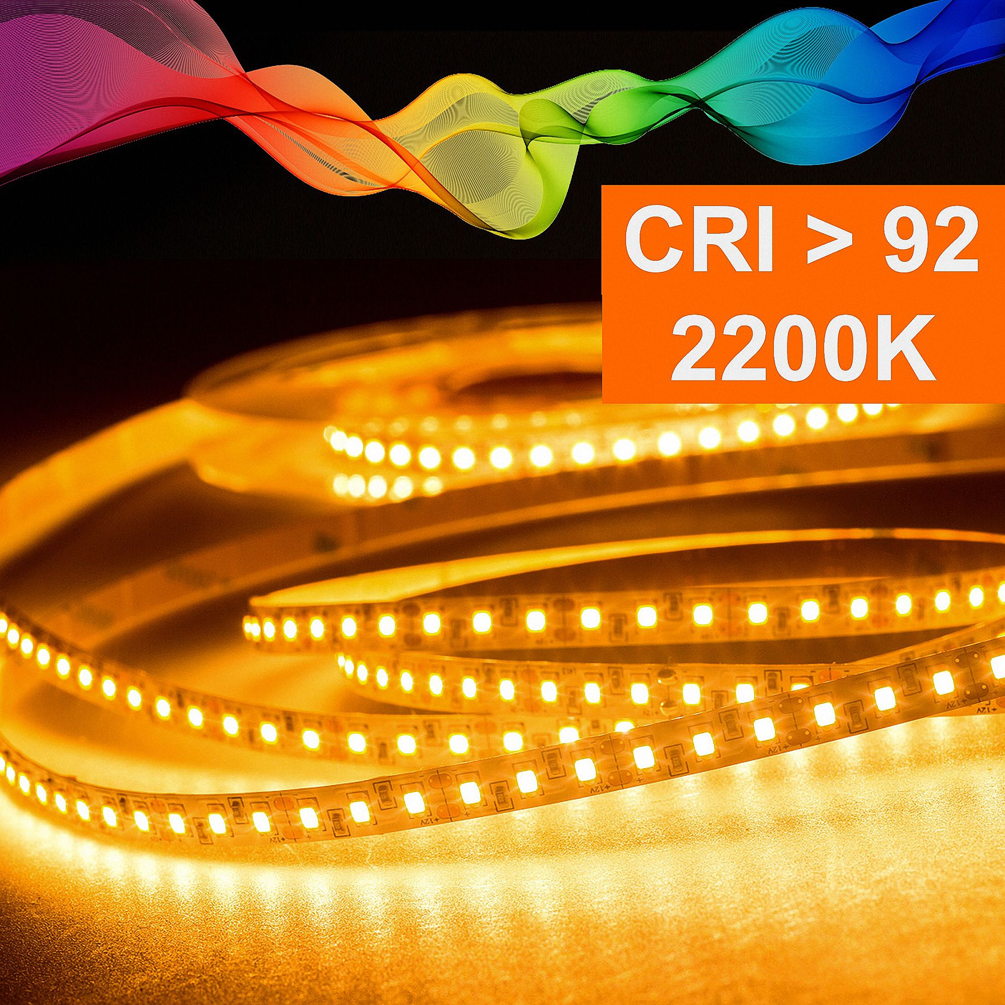 Orange LED-Streifen mit CRI <gt/> 92 und 2200K Farbtemperatur.