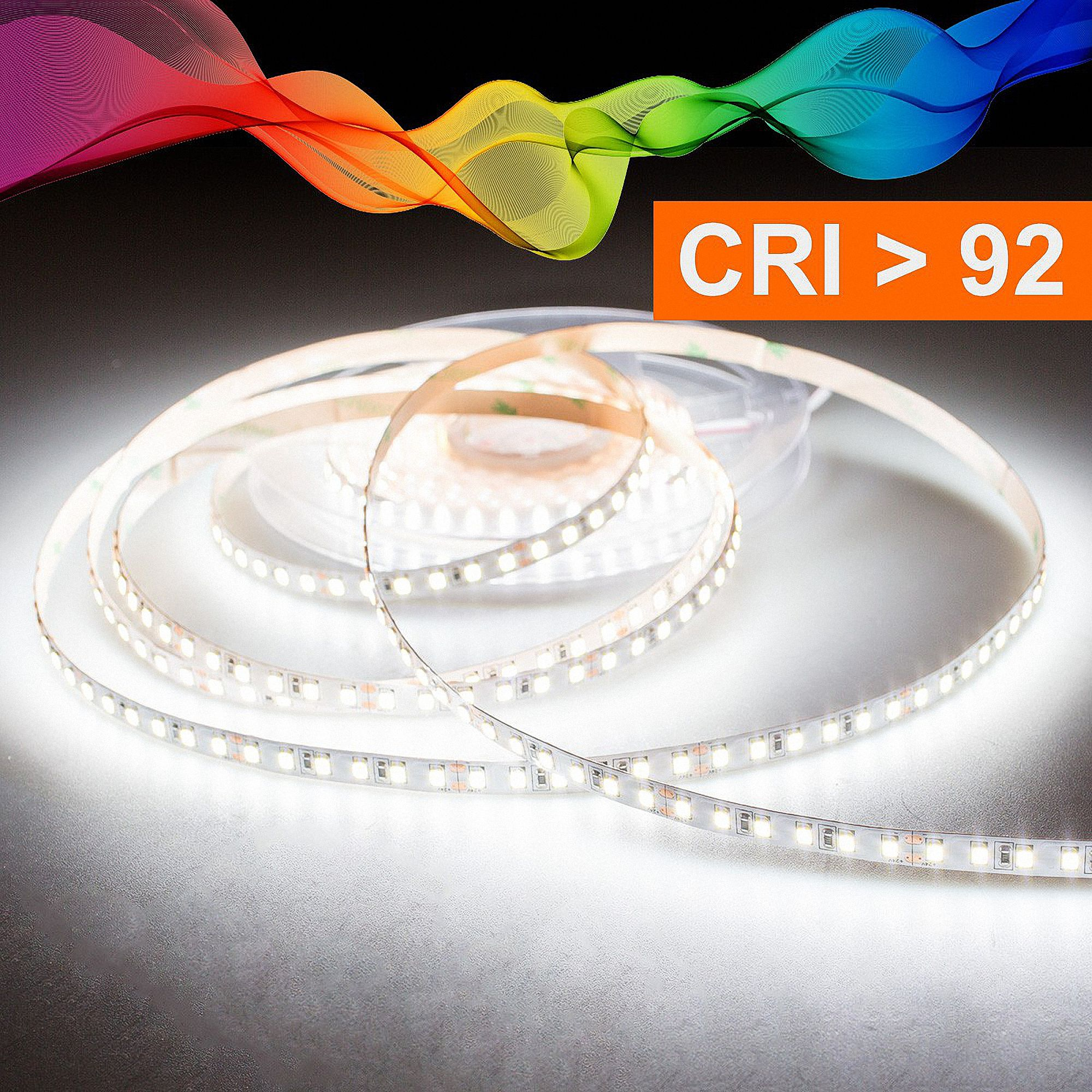 LED-Streifen auf einer Spule mit Regenbogenwellen und CRI <gt/> 92 Angabe.