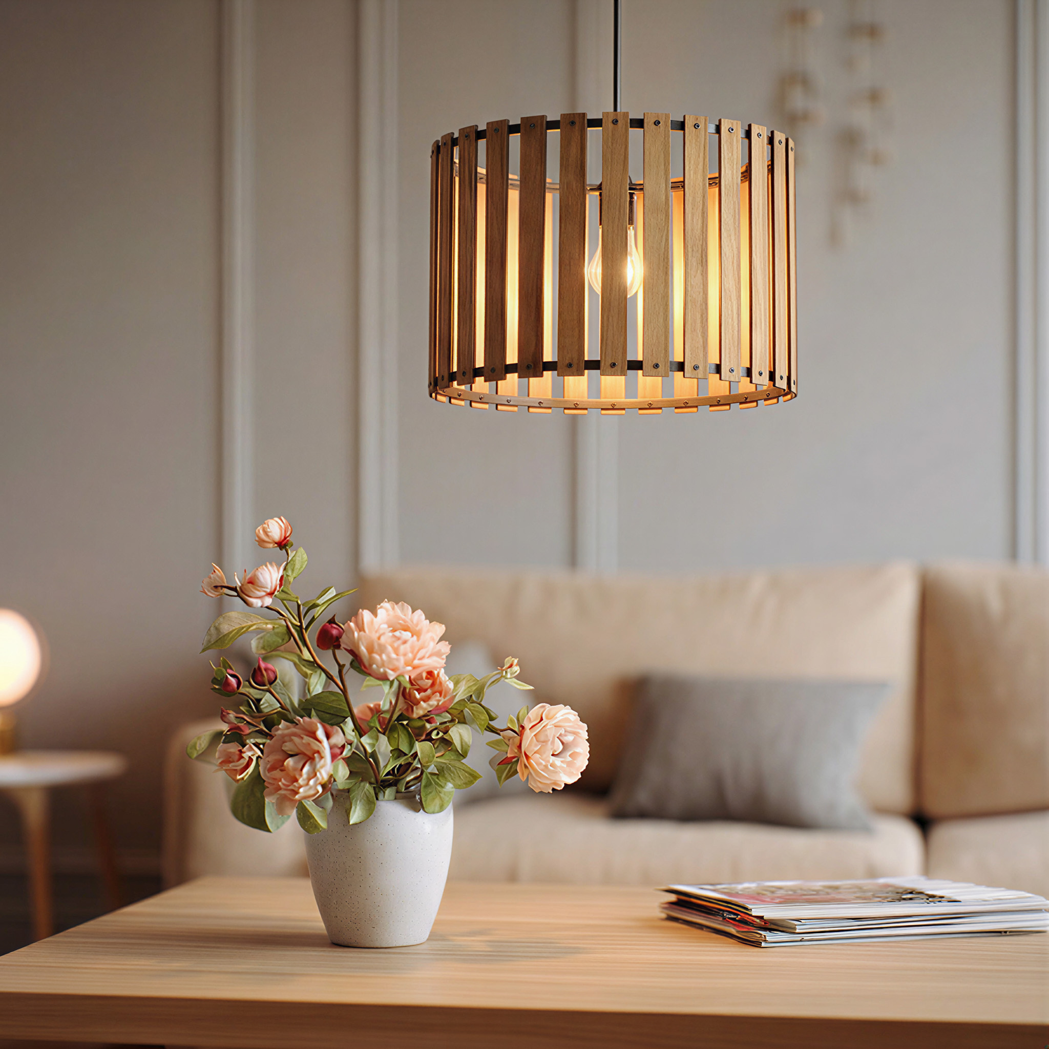 Holzpendelleuchte über Couchtisch mit Blumen und Magazinen.