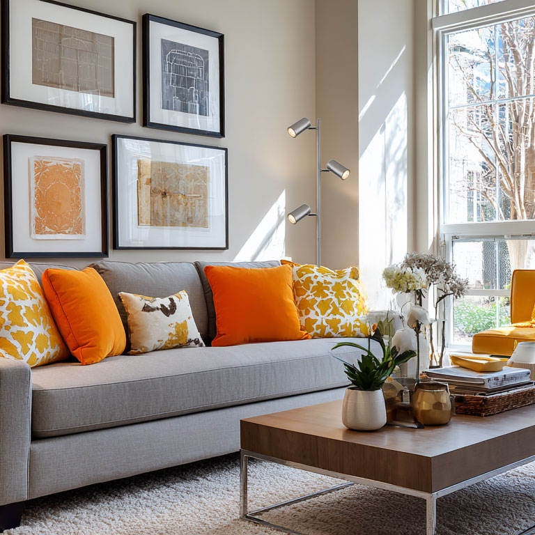 Ein graues Sofa mit orangen und gelben Kissen vor einem Fenster.
