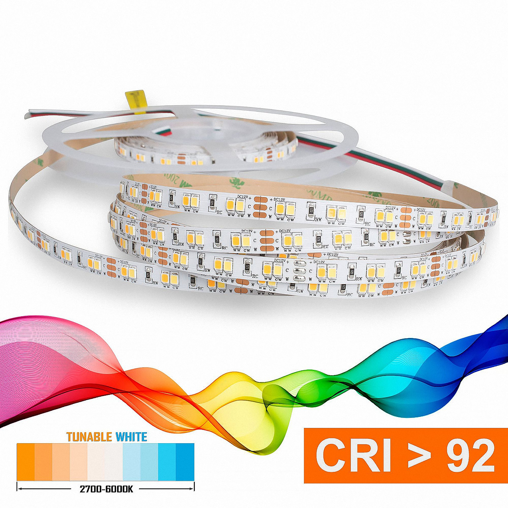 LED-Streifen auf Rolle mit Farbtemperaturanzeige und CRI <gt/> 92.
