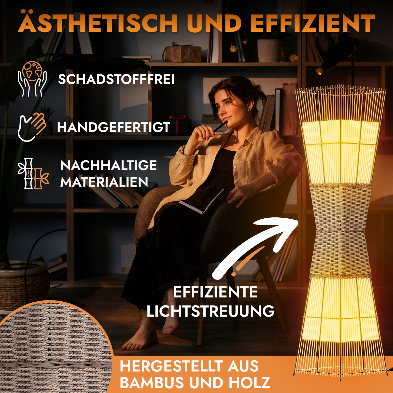 Frau sitzt auf Sessel, daneben Stehlampe aus Bambus, Text über Ästhetik.