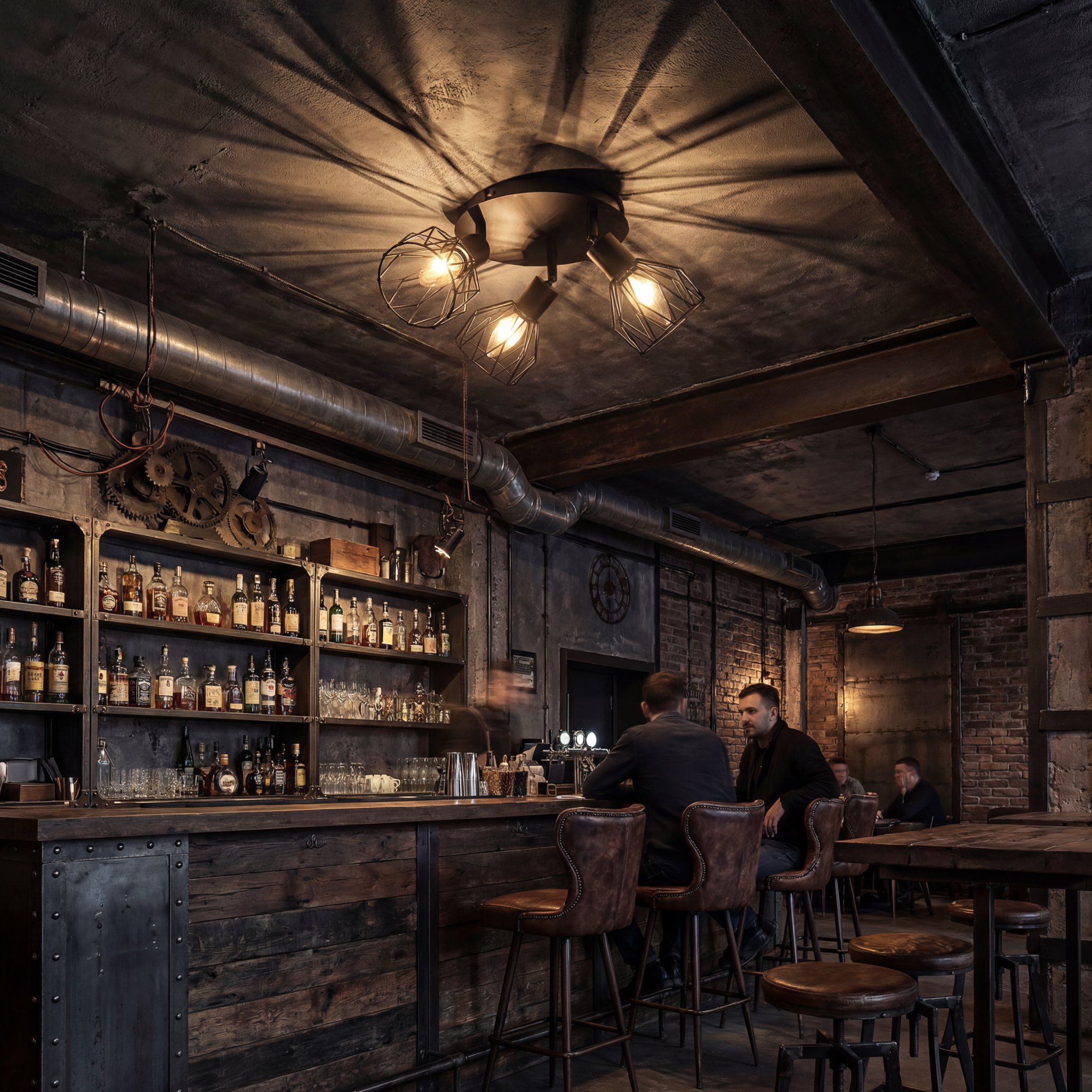 Eine Bar mit Holztresen, Regalen voller Flaschen und Gästen an Hockern.