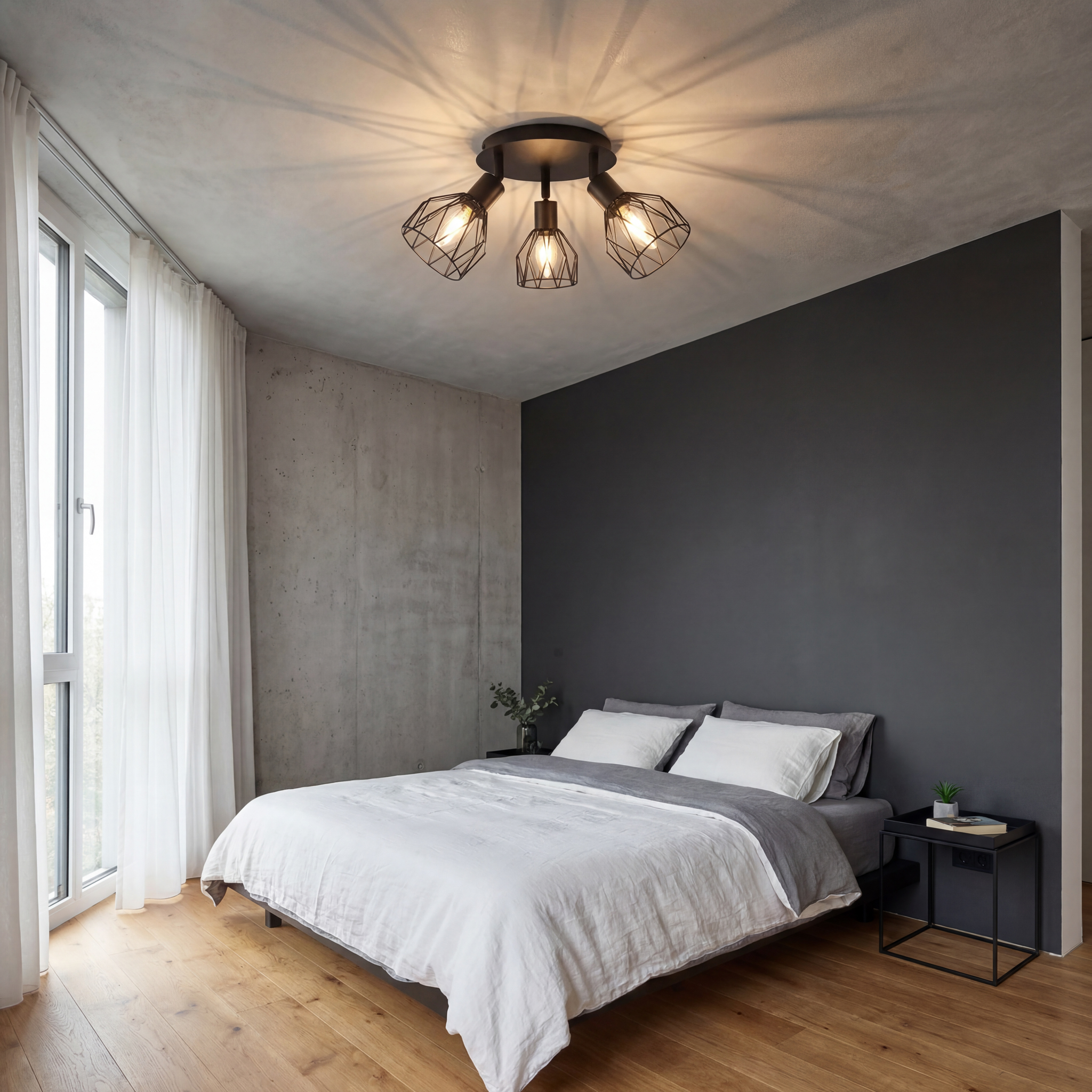 Schlafzimmer mit Bett, Kleiderschrank, Fenster und Lampe.