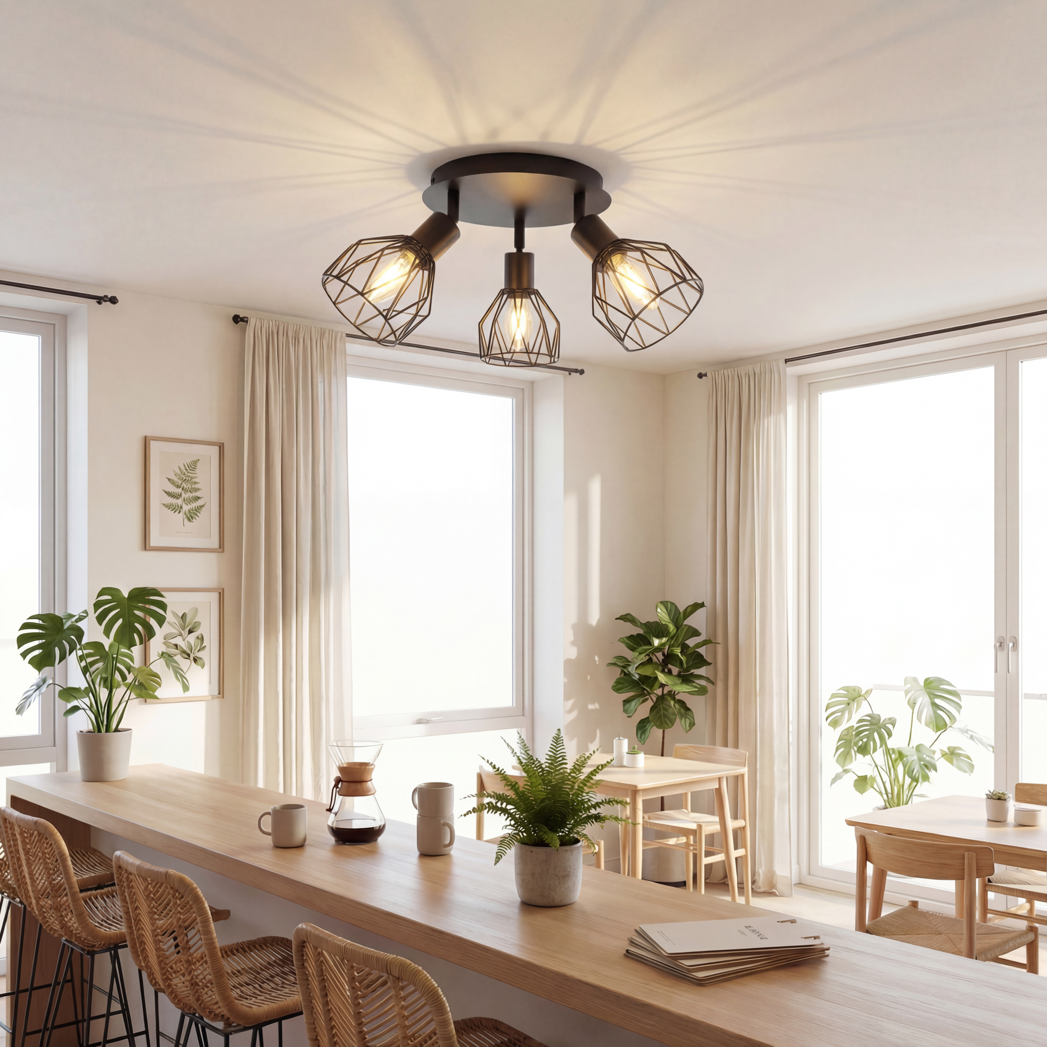 Ein Esszimmer mit Holztisch, Stühlen, Pflanzen und einem Fenster.