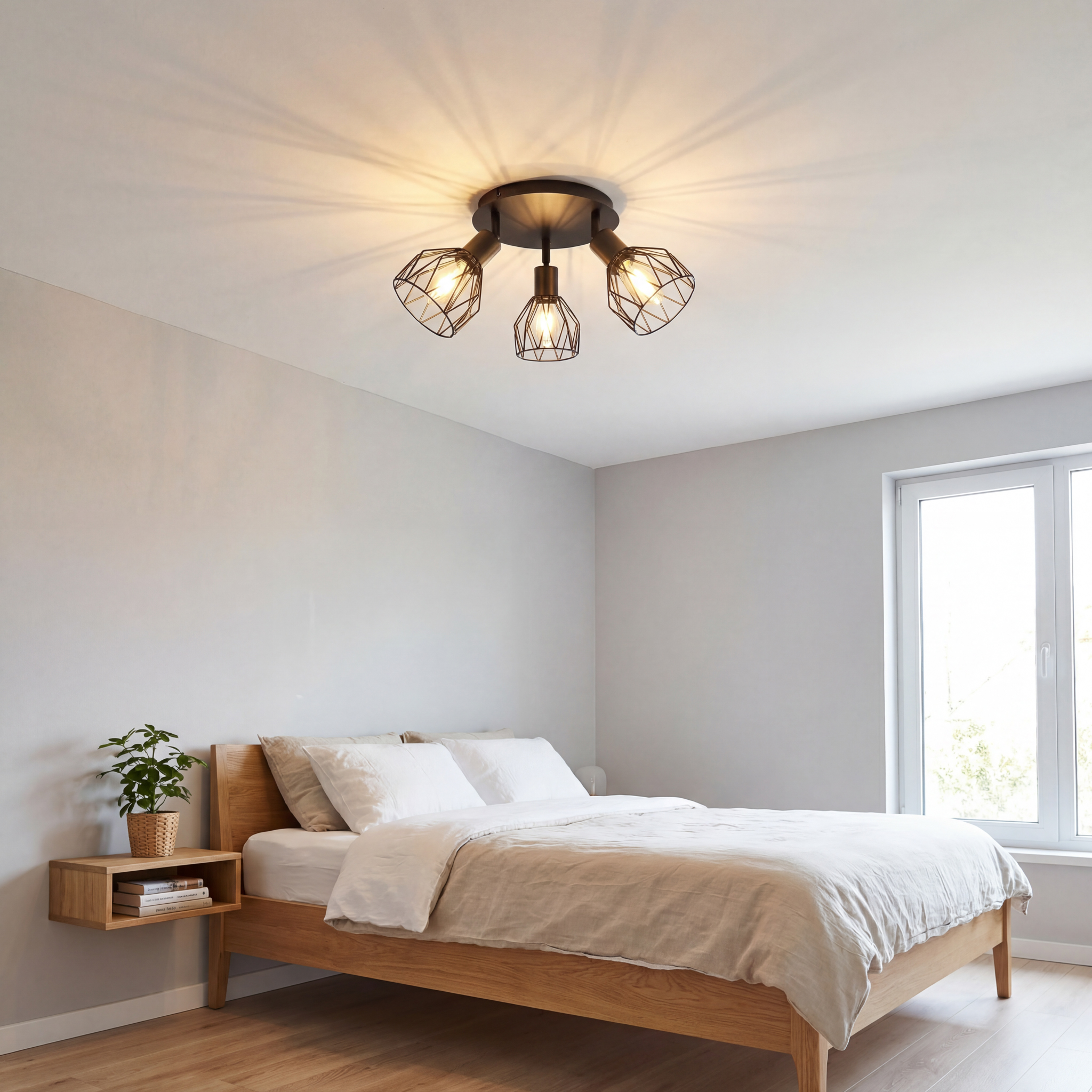 Ein Schlafzimmer mit Holzbett, Nachttisch, Lampe und Fenster.