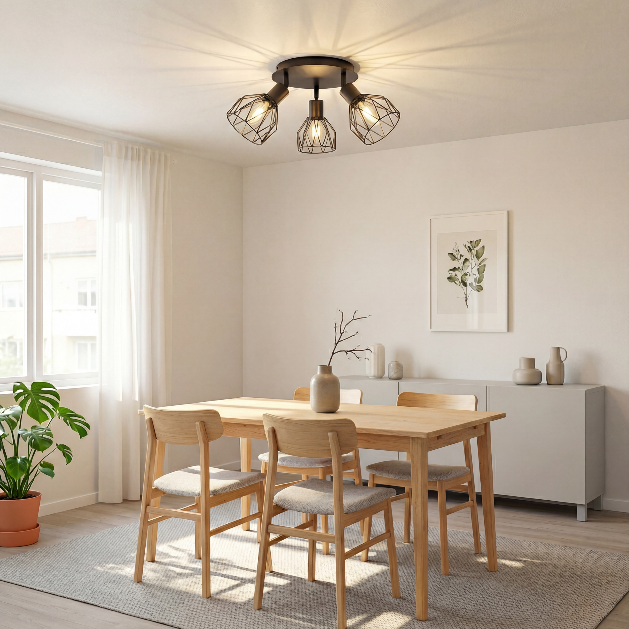 Ein Esszimmer mit Holztisch, Stühlen, Deckenleuchte und Fenster.