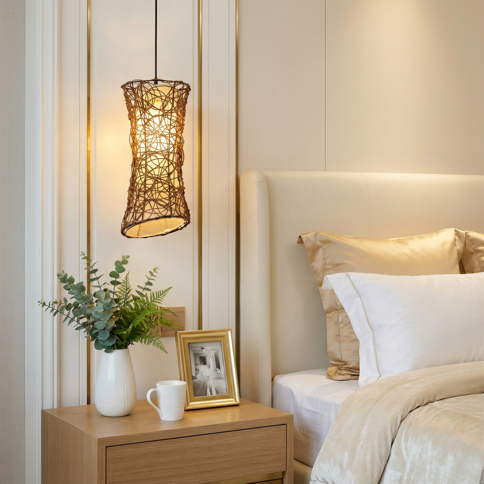 Ein Nachttisch mit Lampe, Vase, Tasse und Bilderrahmen neben einem Bett.