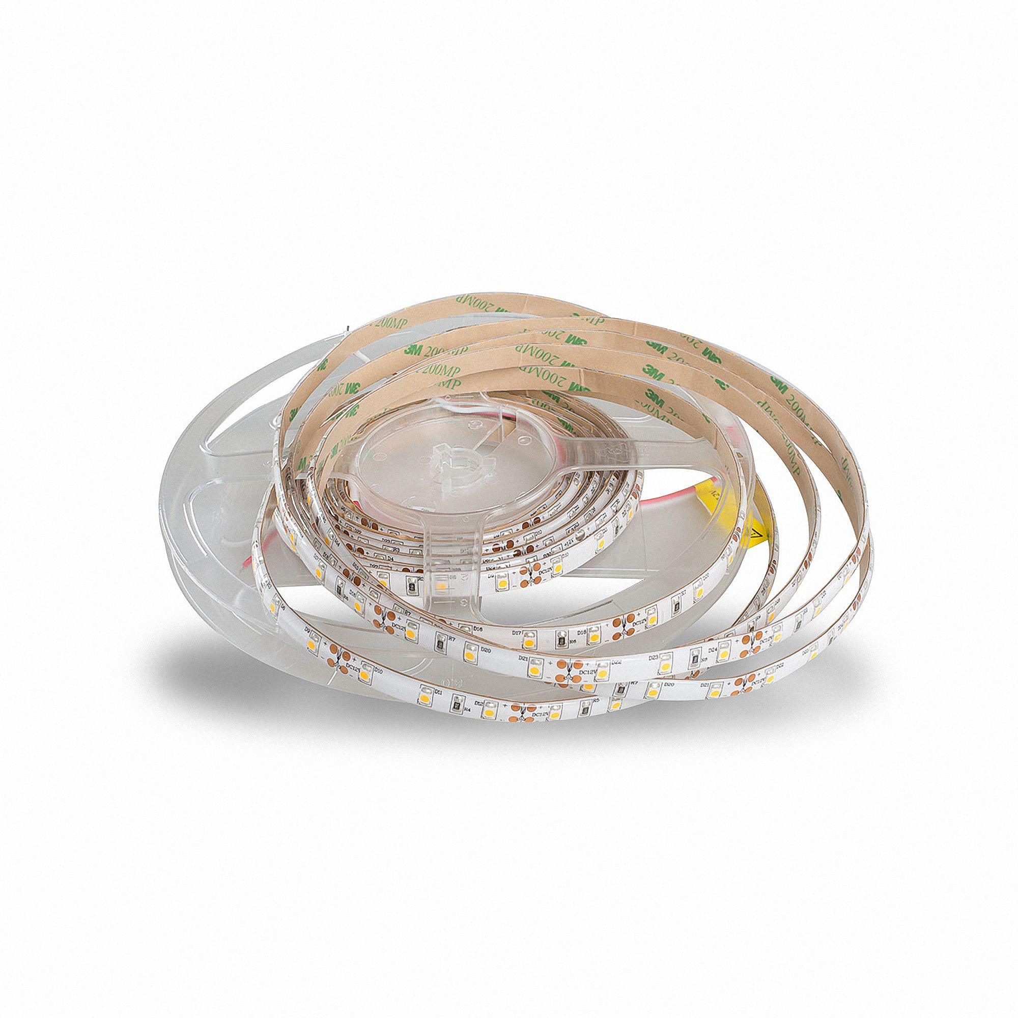 Eine Rolle LED-Streifen mit Klebeband auf einer transparenten Spule.