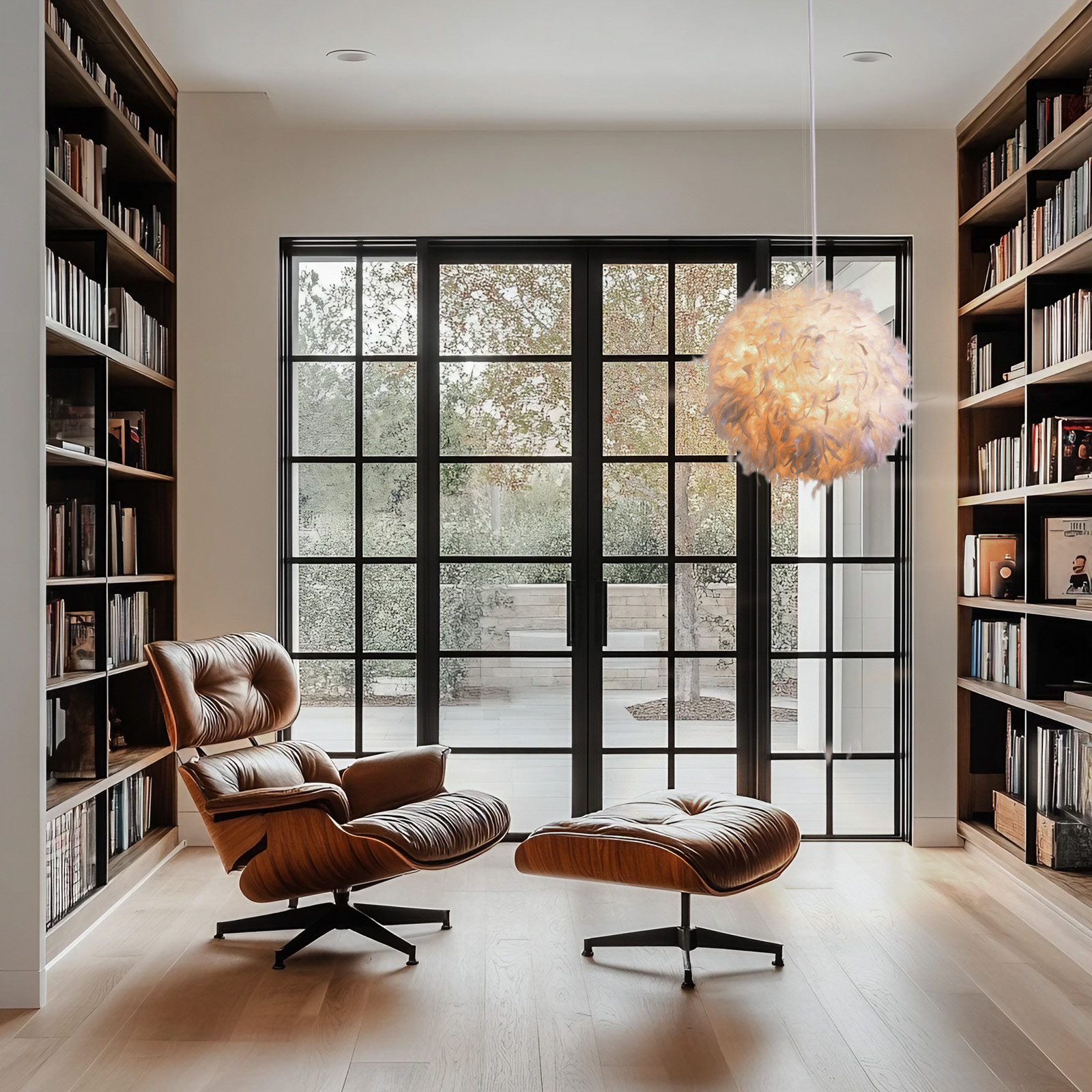 Ein brauner Ledersessel und Hocker stehen vor einem großen Fenster mit Bücherregalen.