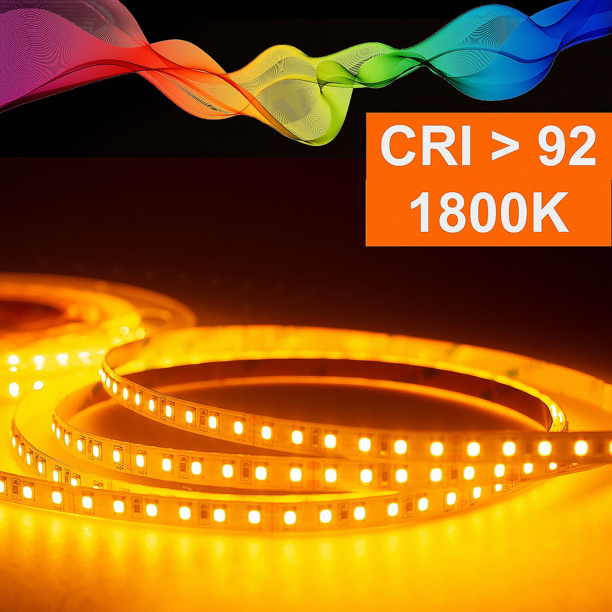 Orangefarbene LED-Streifen mit vielen Lichtern auf dunklem Hintergrund.