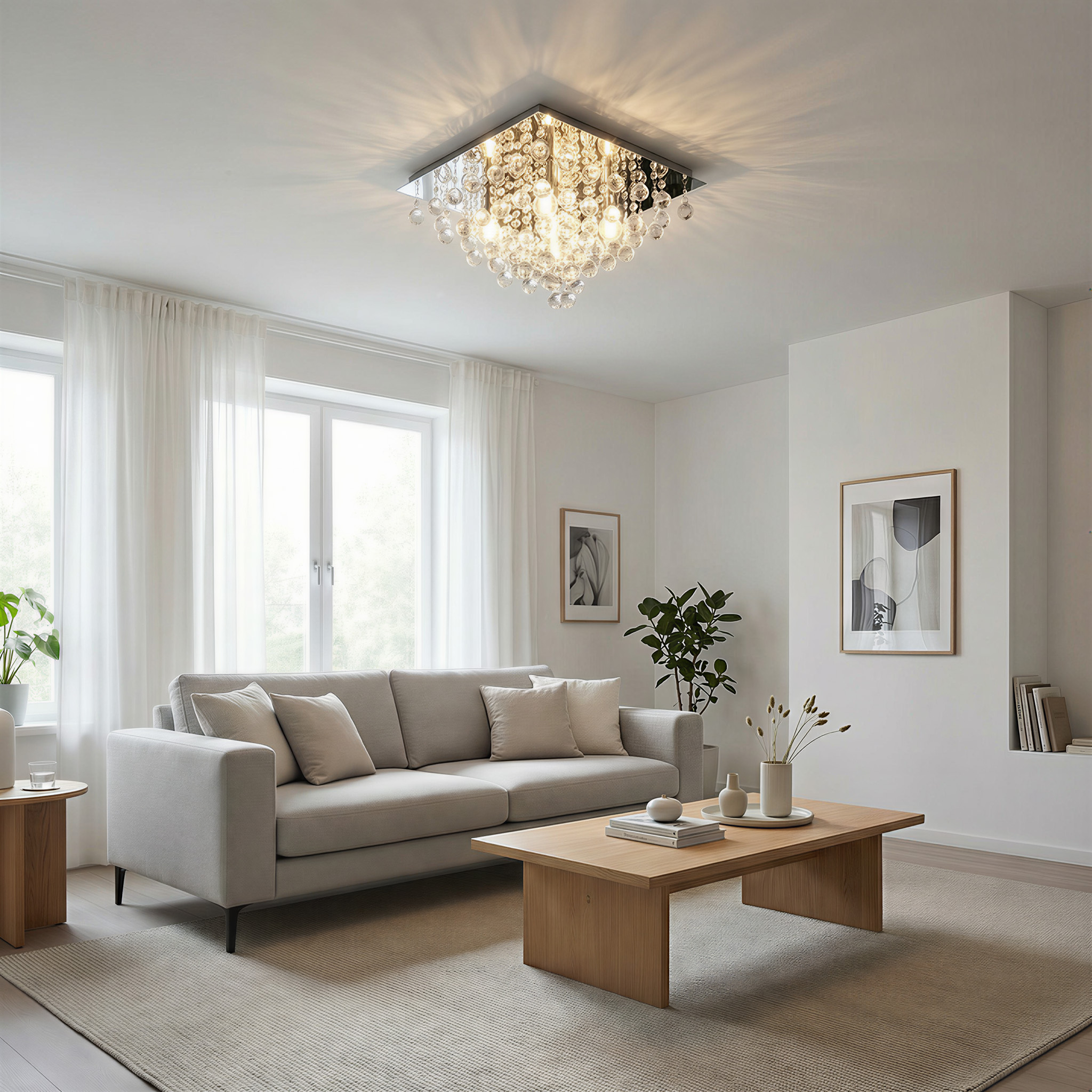 Ein helles Wohnzimmer mit Sofa, Couchtisch, Teppich und einem Kristallkronleuchter.