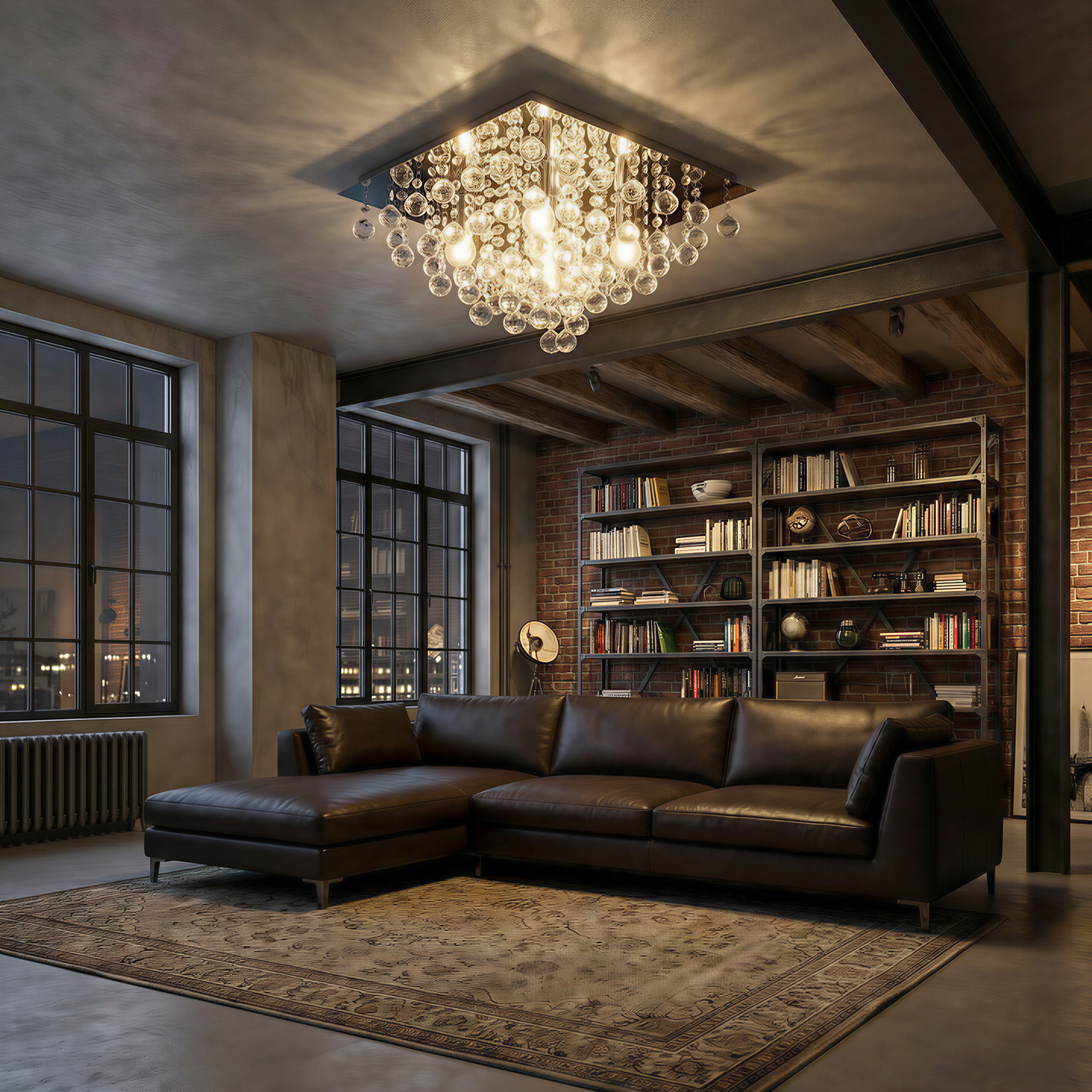 Ein luxuriöses Wohnzimmer mit Ledersofa, Teppich und Bücherregalen.