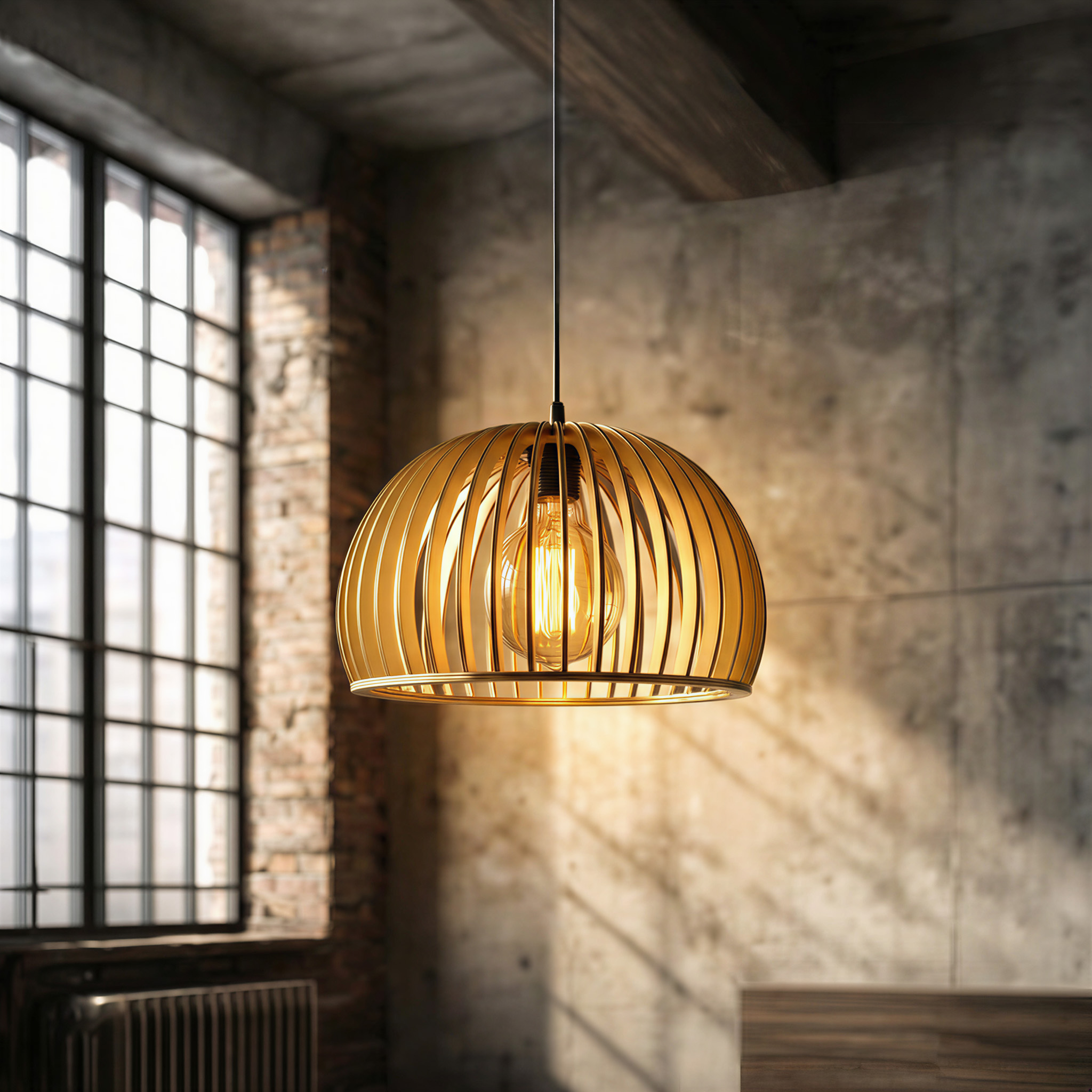 Eine hängende Lampe aus Holzlamellen mit Glühbirne in einem Raum mit Ziegelwand und Fenster.