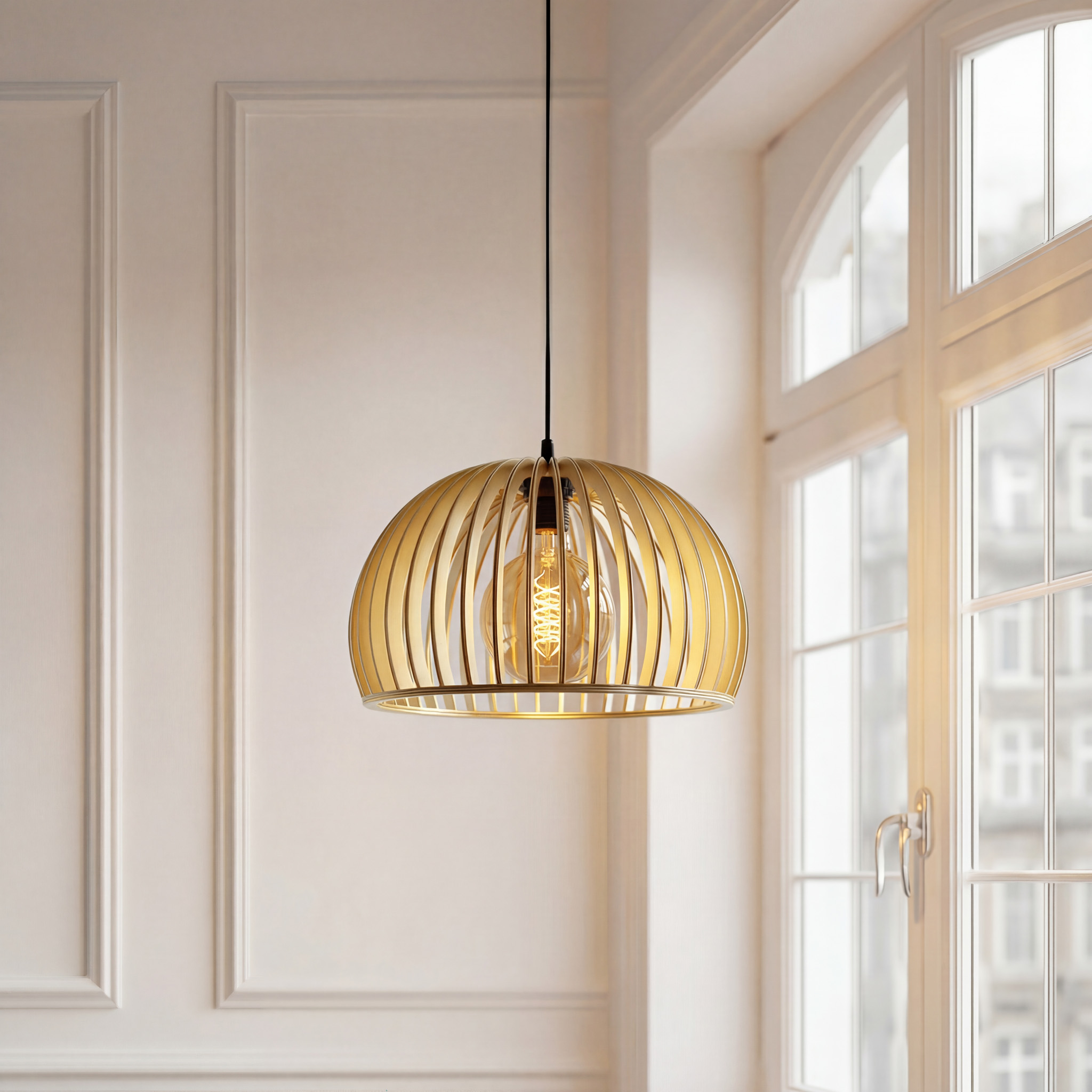 Eine goldene Pendelleuchte mit sichtbarer Glühbirne hängt vor einem Fenster.