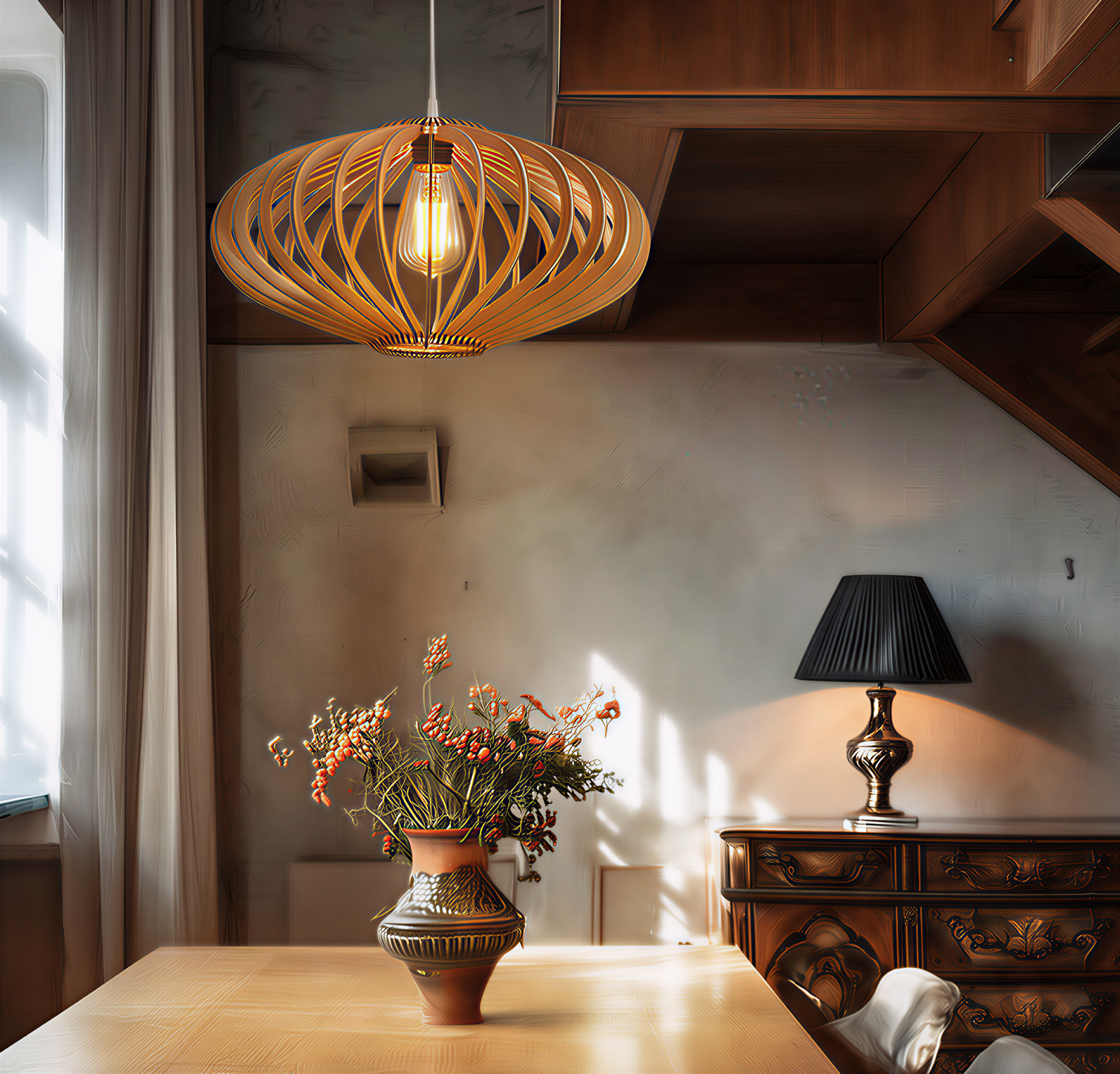 Ein holzfarbener Lampenschirm hängt über einem Holztisch mit einer Vase und Blumen.
