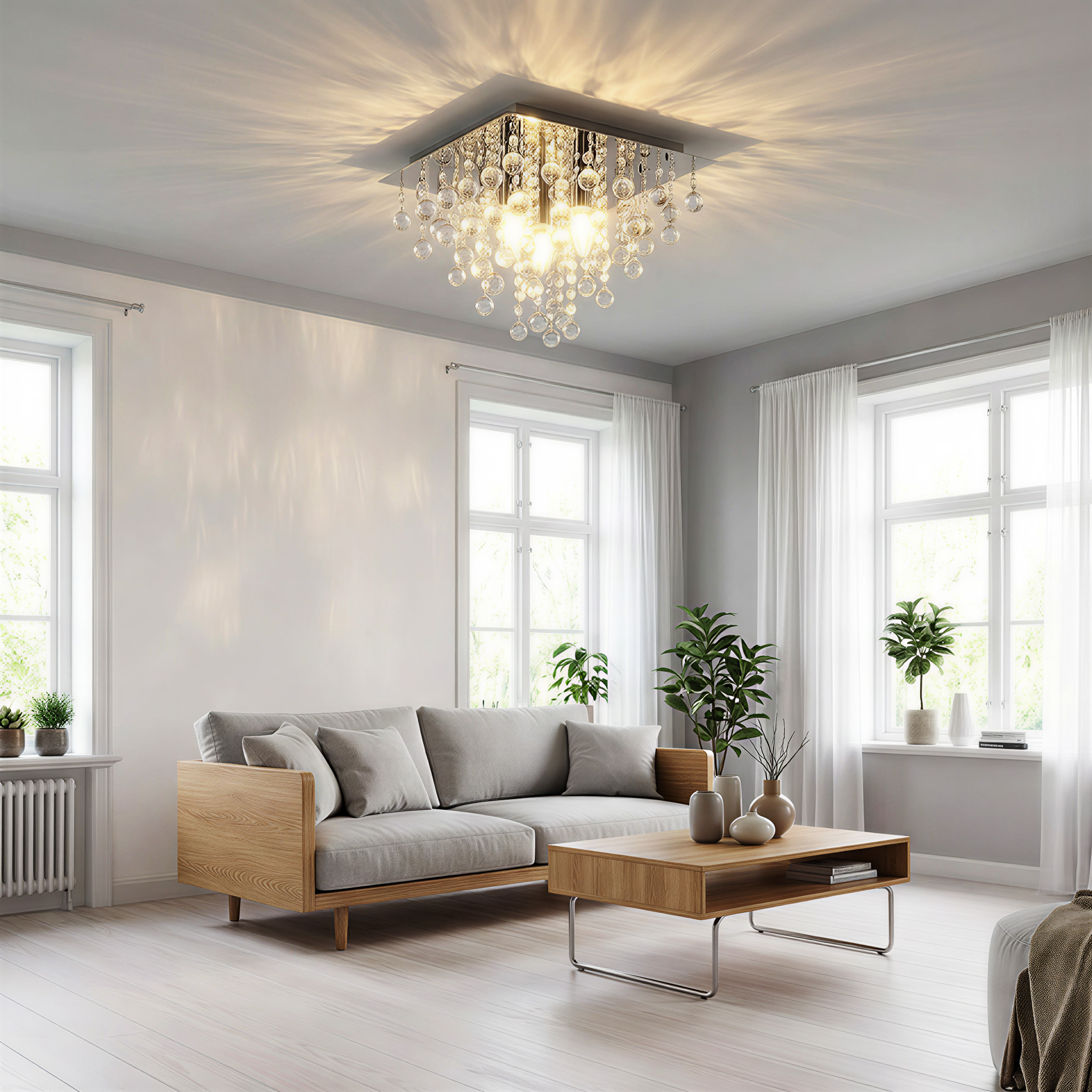 Modernes Wohnzimmer mit grauem Sofa, Holztisch und Kristallleuchter.