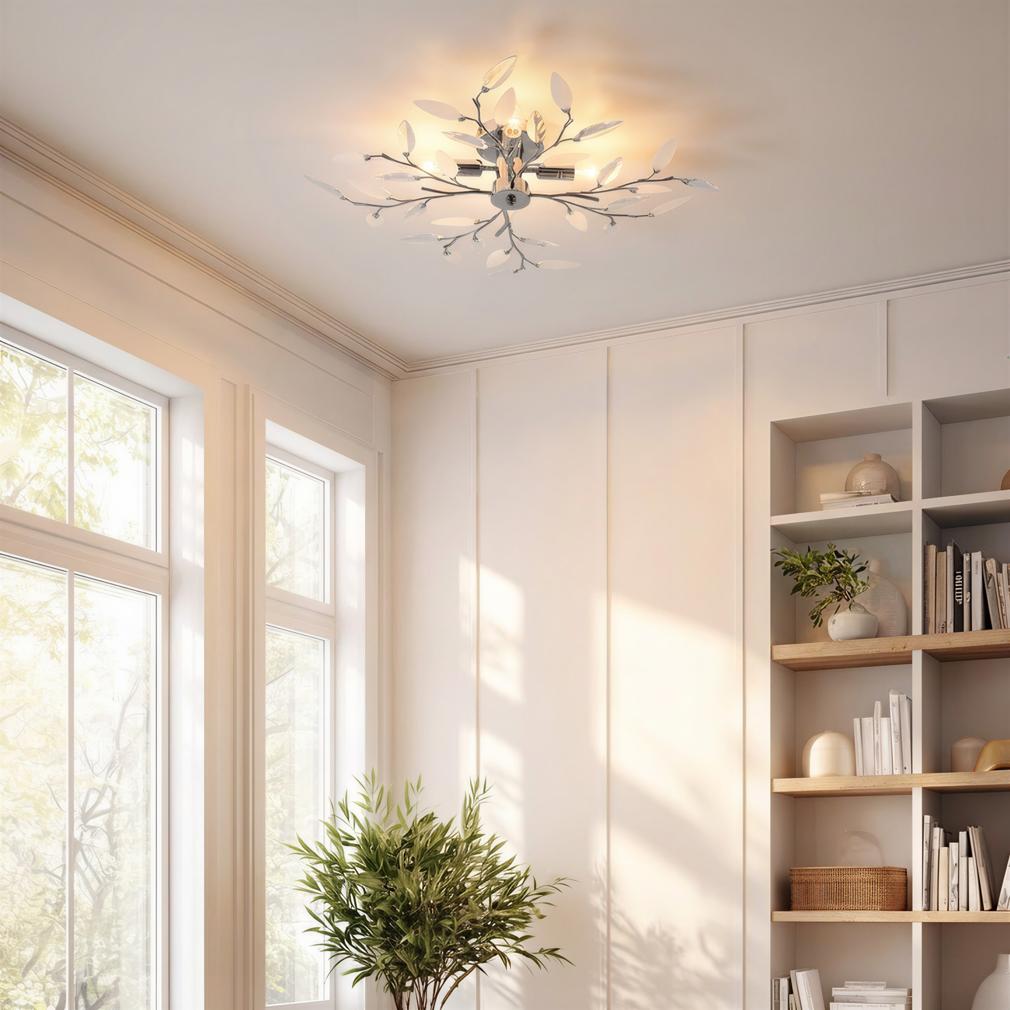 Ein moderner Deckenventilator mit Blattdesign und Glaselementen über einem Fenster.