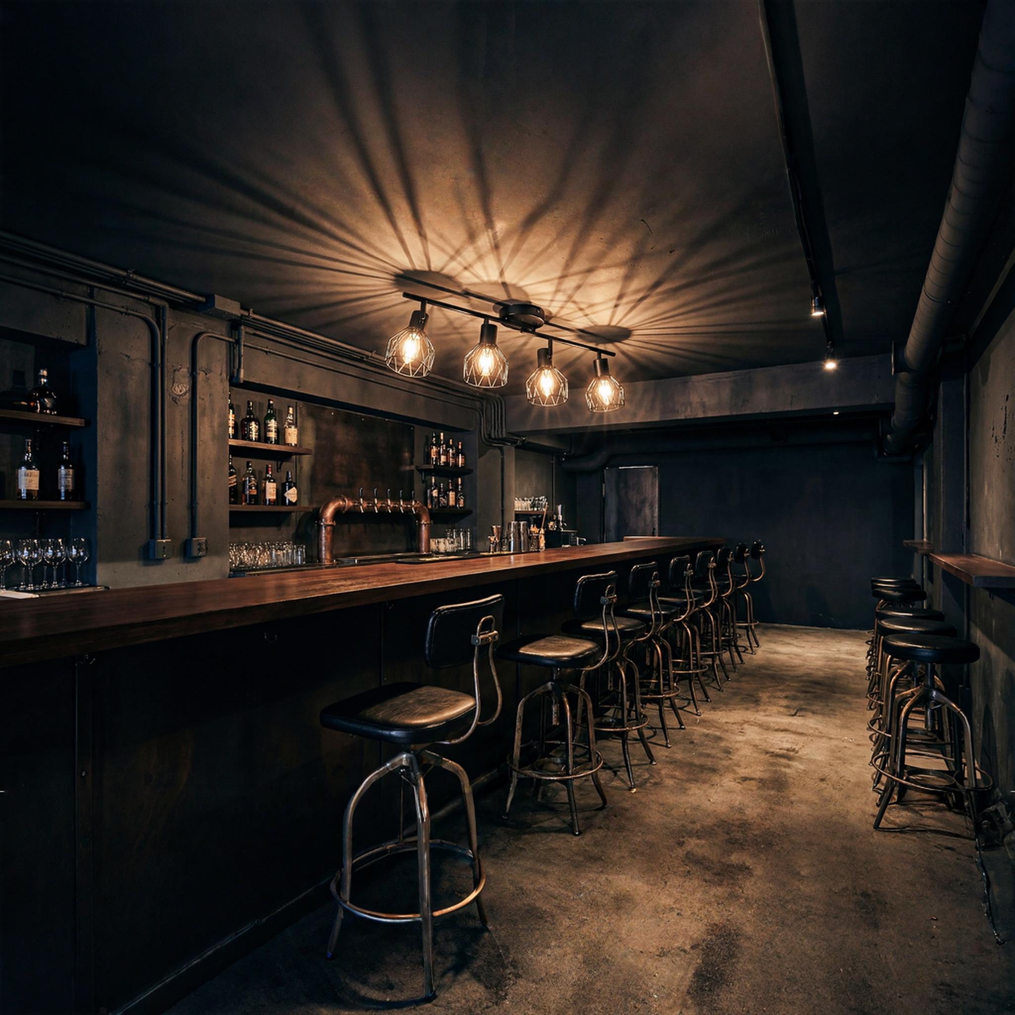 Eine dunkle Bar mit Holztresen, Barhockern und Flaschenregalen. Beleuchtet von Drahtlampen.