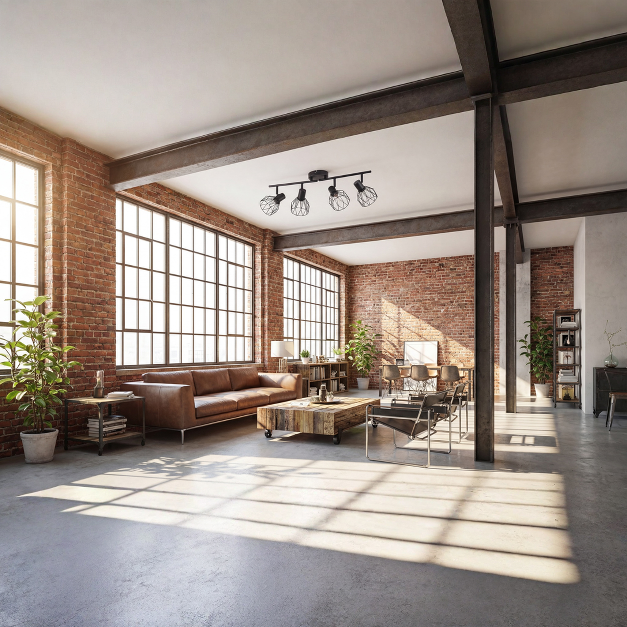 Loft-Wohnzimmer mit Ledersofa, Holztisch, Ziegelwänden und großen Fenstern.