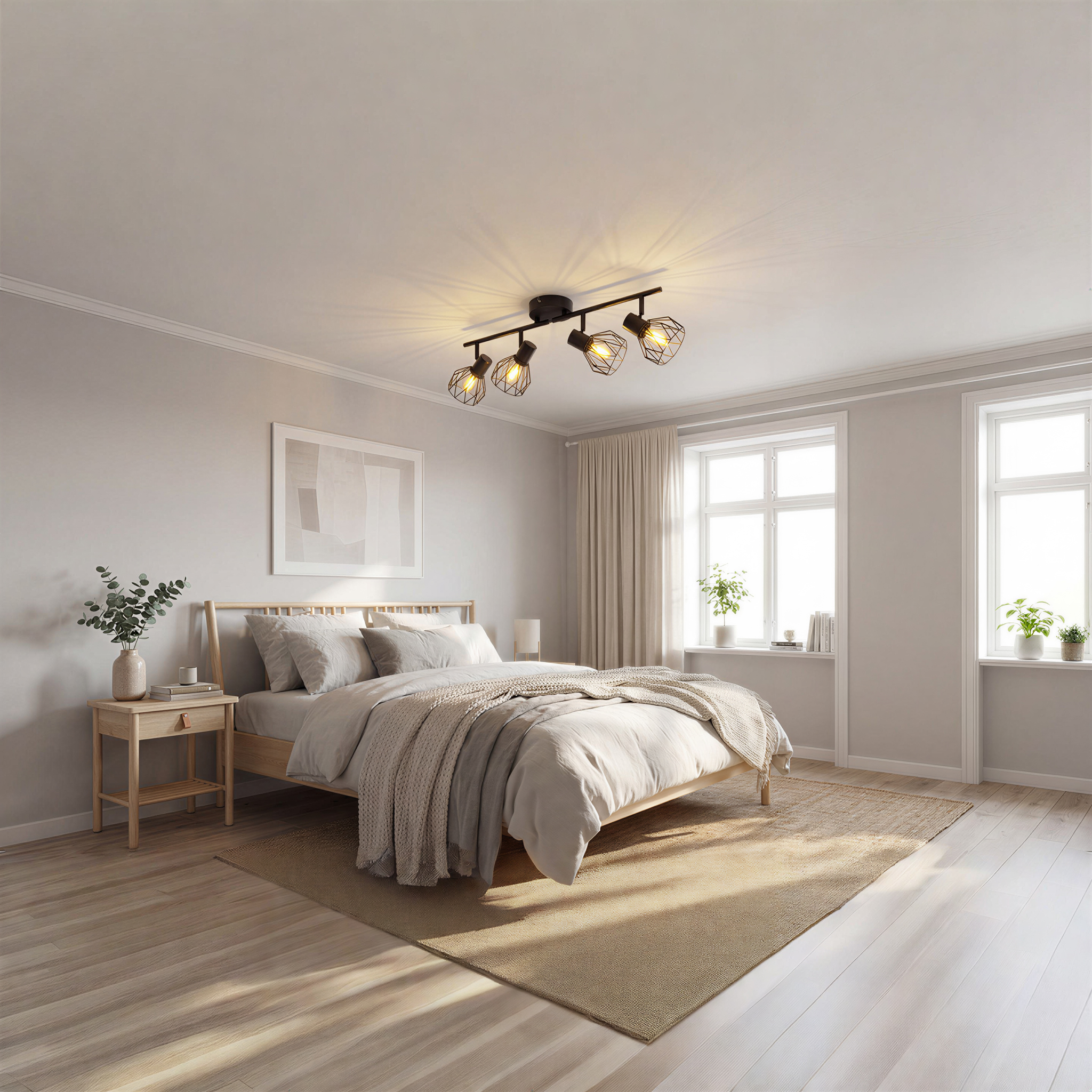 Ein Schlafzimmer mit Bett, Nachttisch und zwei Fenstern. Eine schwarze Deckenleuchte hängt darüber.