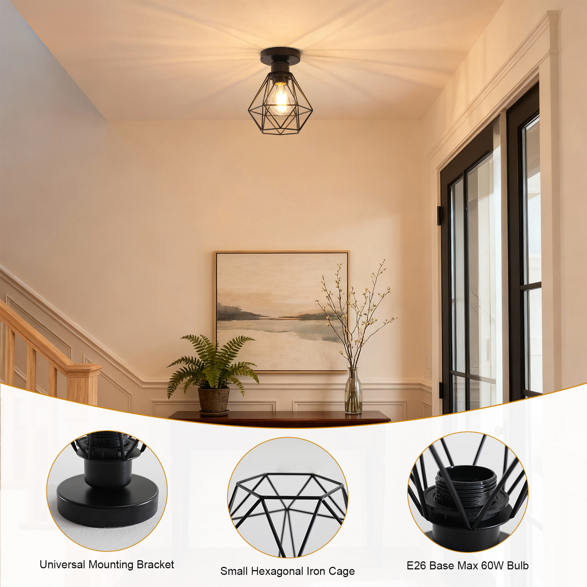 Schwarze Deckenleuchte mit sechseckigem Metallkäfig, über Treppe und Tür.
