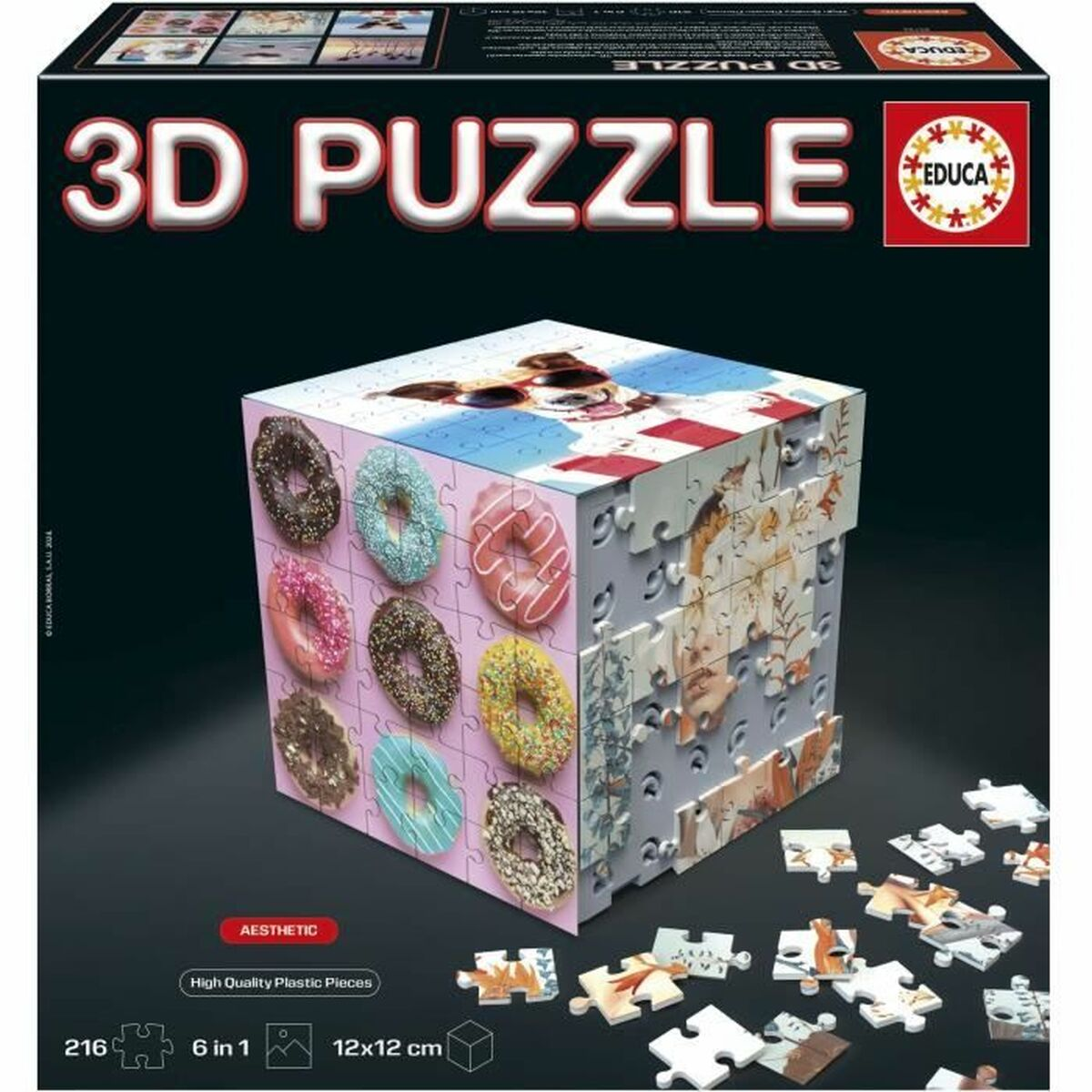 3D-Puzzle-Box mit bunten Donuts und einem Hundebild. Einzelne Puzzleteile liegen herum.